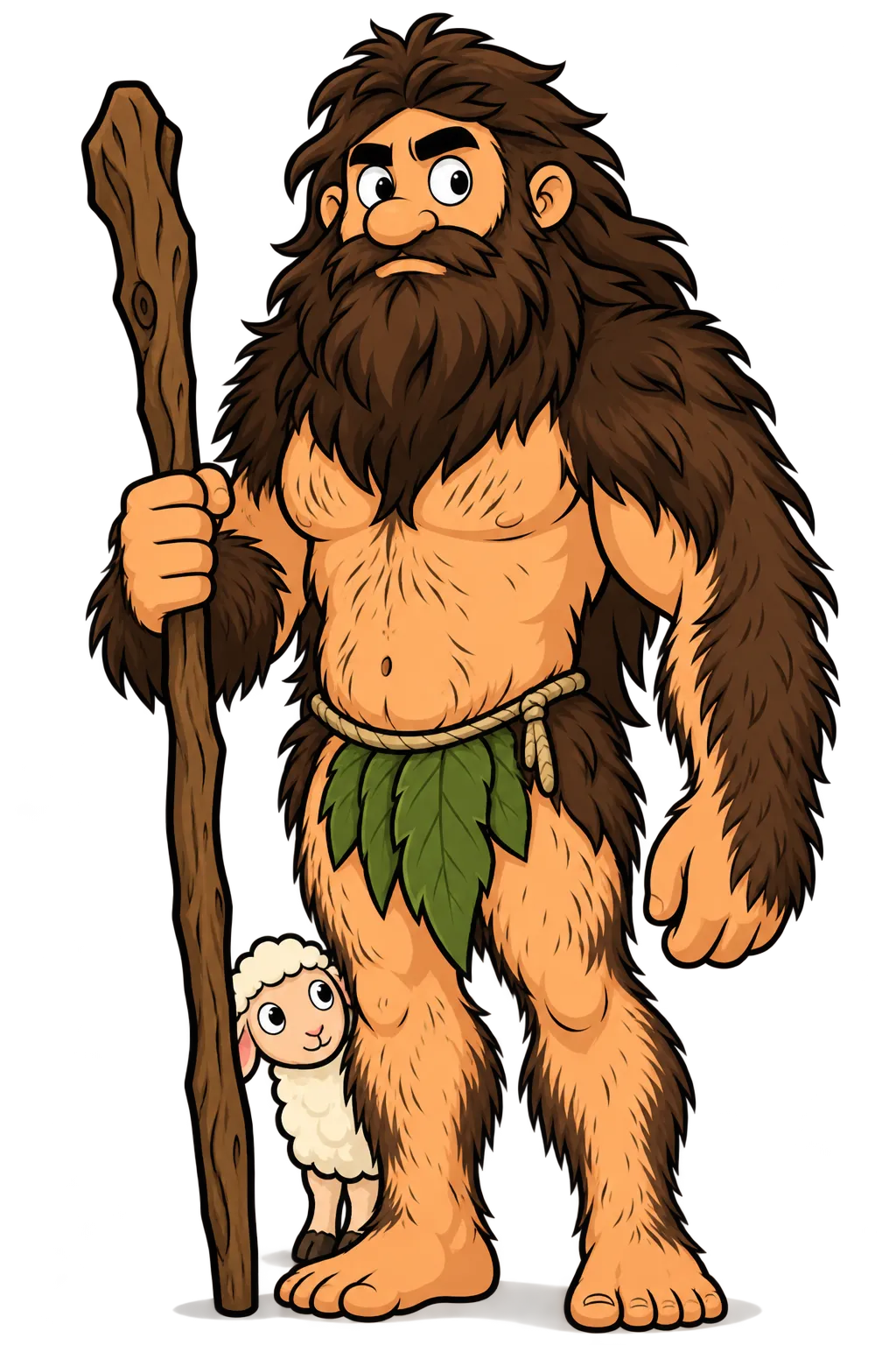 Ilustración de Basajaun, el señor del bosque: un hombre gigante y muy peludo, serio, con un bastón y un corderito