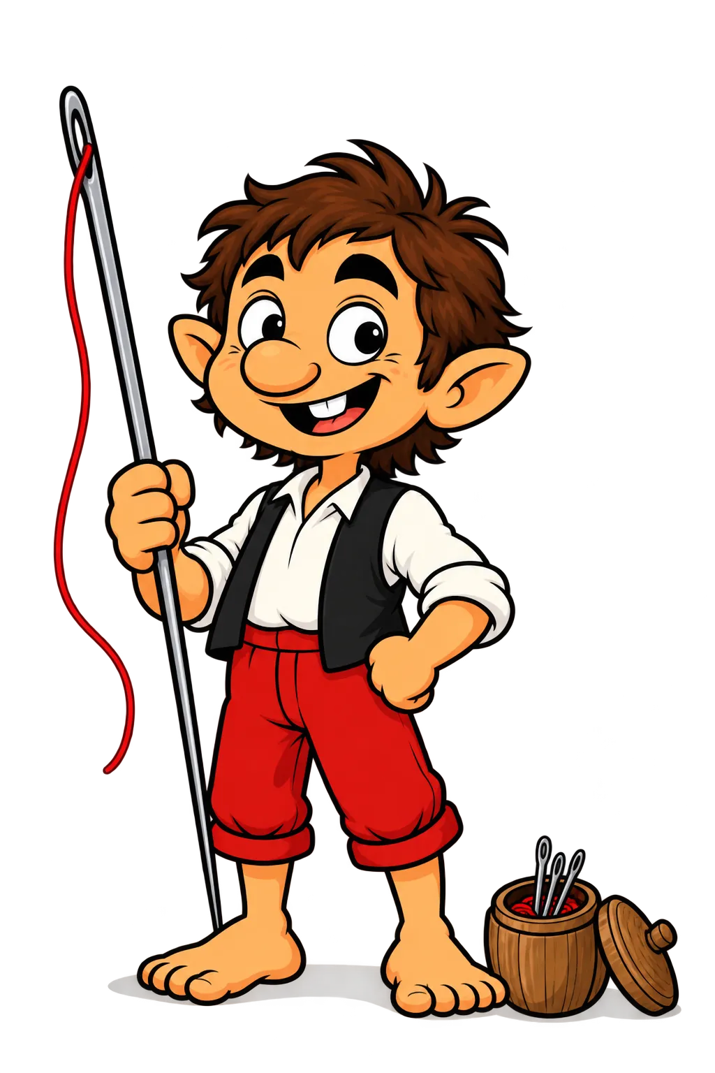 Ilustración de un galtzagorri, duende vasco de pantalón rojo, con una aguja de coser y su alfiletero