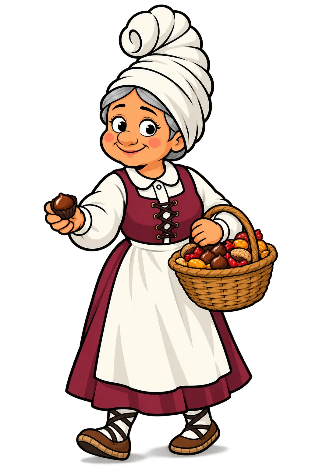 Ilustración de Mari Domingi con su tocado blanco, ofreciendo un dulce de su cesta