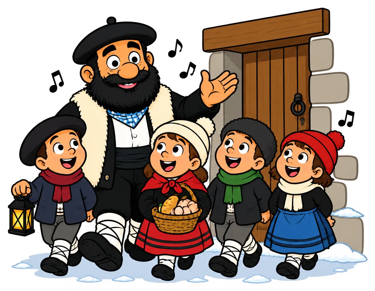 Niños con un farol y una cesta cantando la canción del Olentzero con él a la puerta de un caserío en Nochebuena