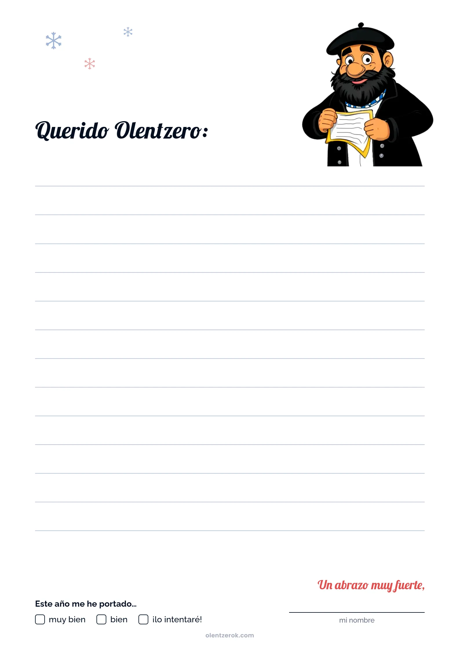 Plantilla de carta a Olentzero con renglones y Olentzero leyendo una carta