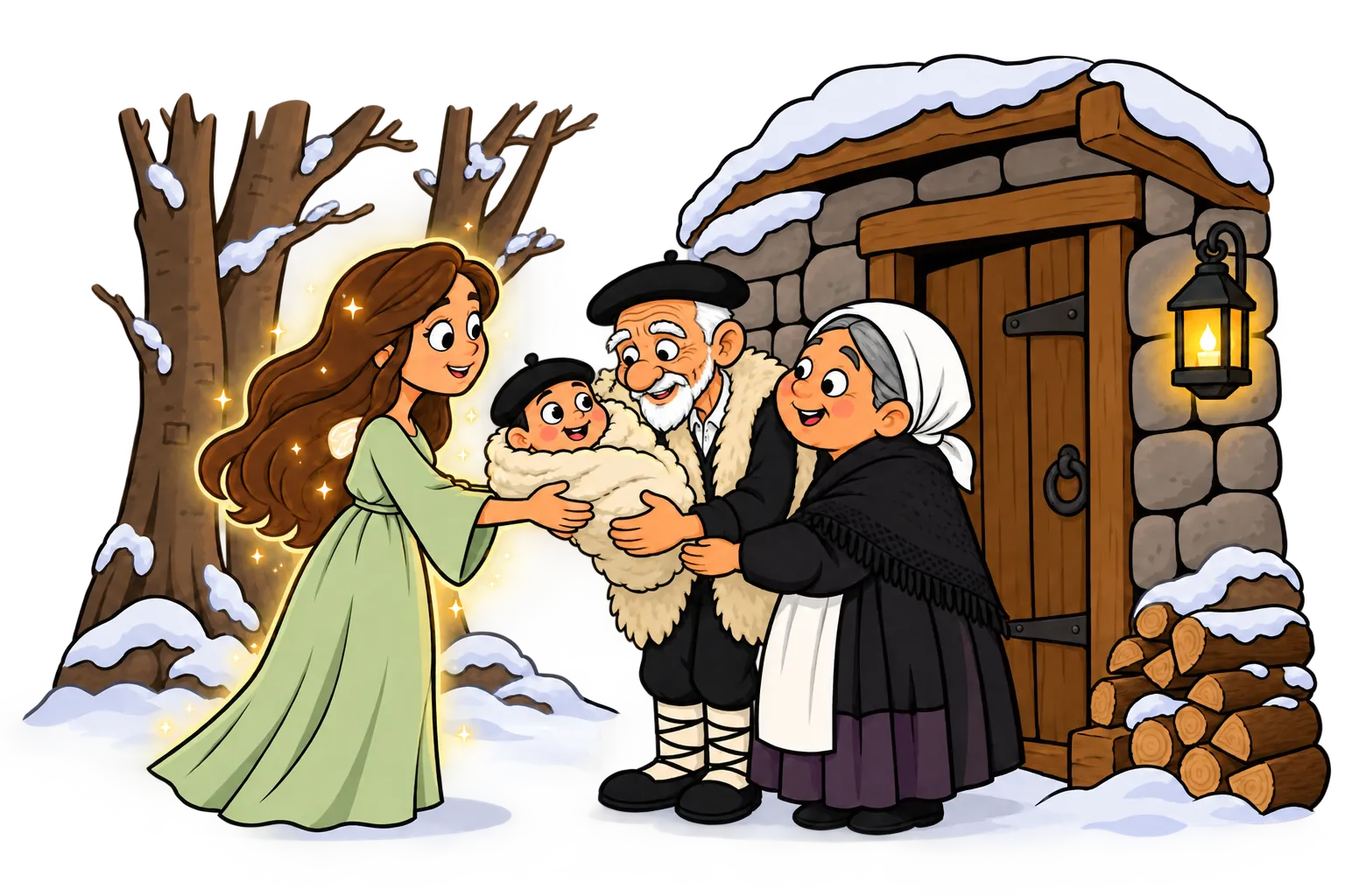 Ilustración: un hada del bosque entrega un bebé con una txapela diminuta a una pareja de ancianos en la puerta de su cabaña, en una noche de nieve