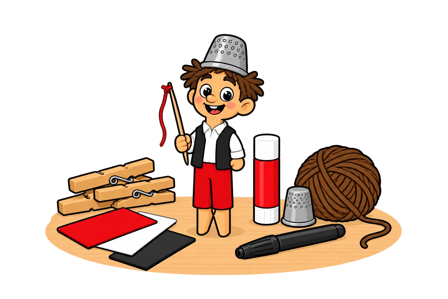 Galtzagorri hecho con una pinza de madera, con un dedal de casco y pantalón de fieltro rojo, junto a los materiales para hacerlo