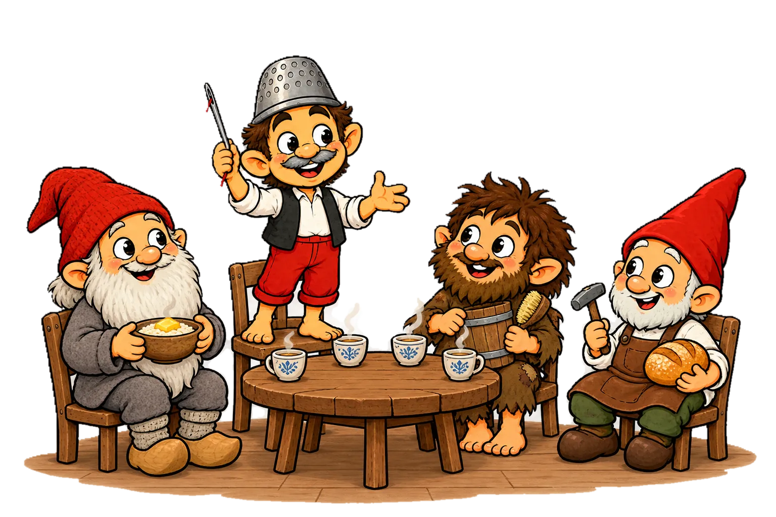 Un galtzagorri charla a la mesa con sus primos europeos: un tomte escandinavo con gorro rojo y gachas, un brownie escocés con cubo y cepillo y un Heinzelmännchen de Colonia con martillo y pan