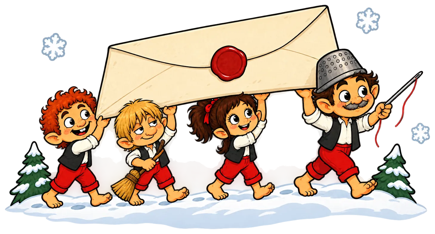 Ilustración de los cuatro galtzagorris, diminutos y con pantalón rojo, llevando sobre sus cabezas un gran sobre cerrado con lacre rojo por un camino nevado