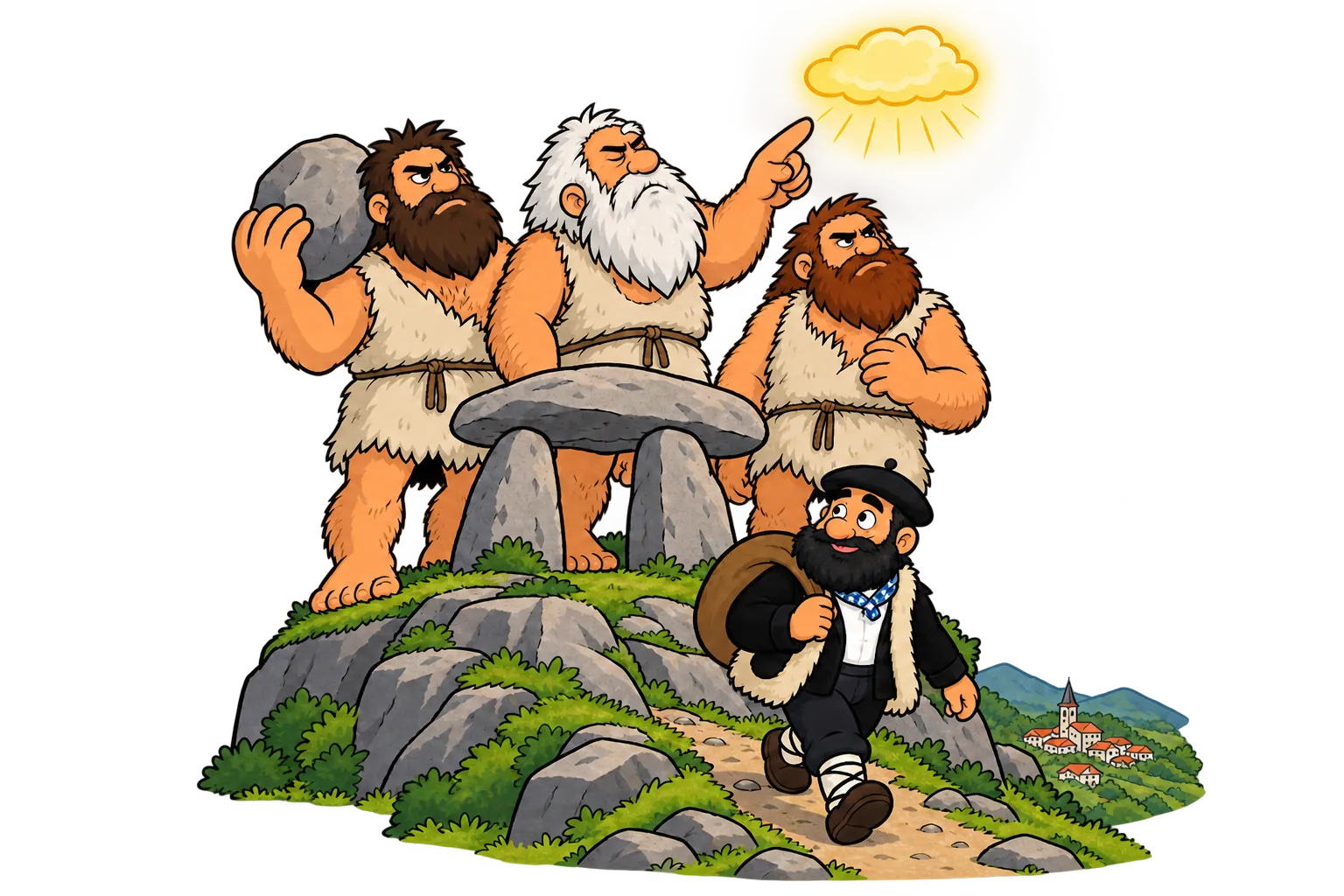 Ilustración: los jentiles miran una nube que brilla en el cielo mientras Olentzero baja del monte hacia un pueblo