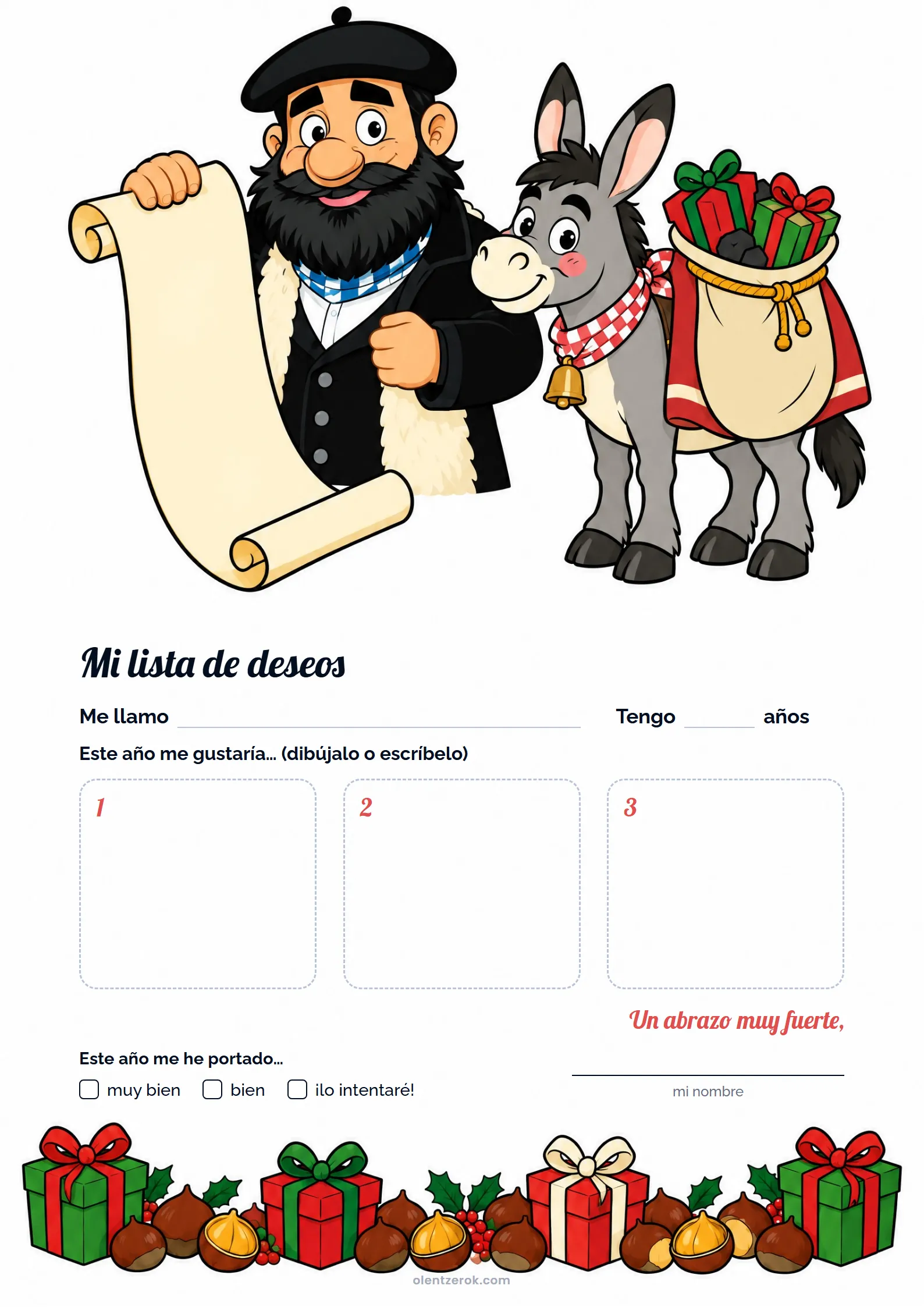 Plantilla de lista de deseos para Olentzero, con su nombre, su edad y tres recuadros para dibujar los regalos