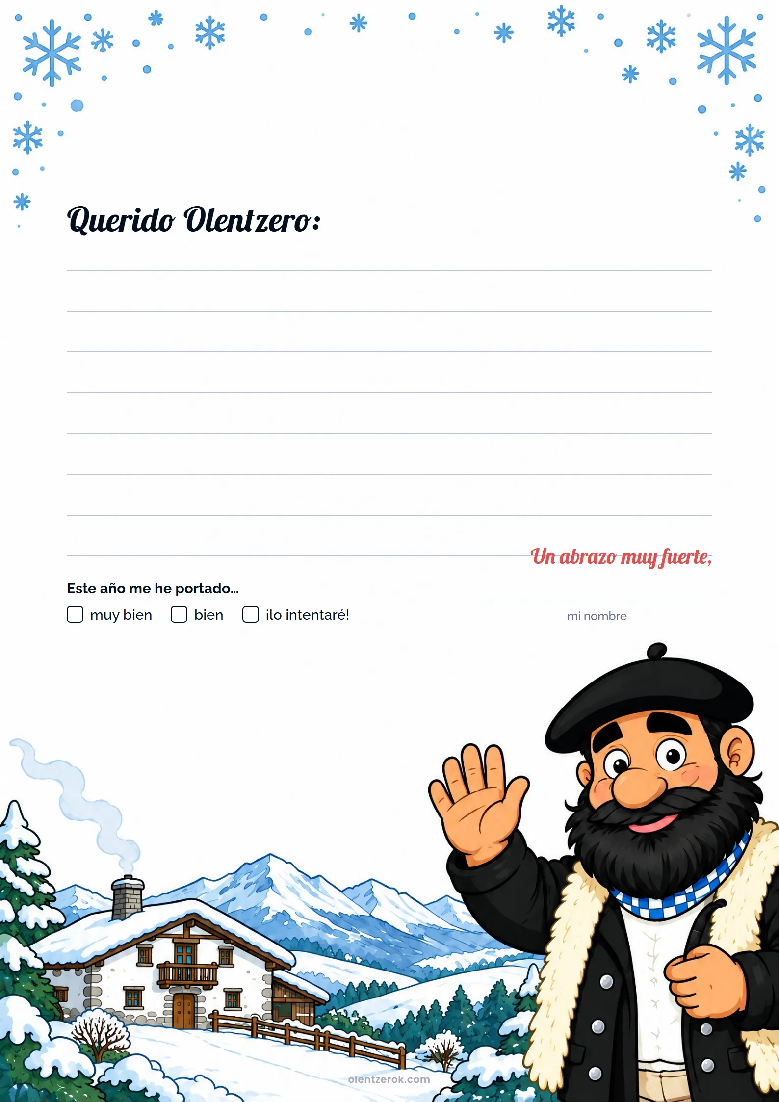 Plantilla de carta a Olentzero con un caserío nevado y Olentzero saludando