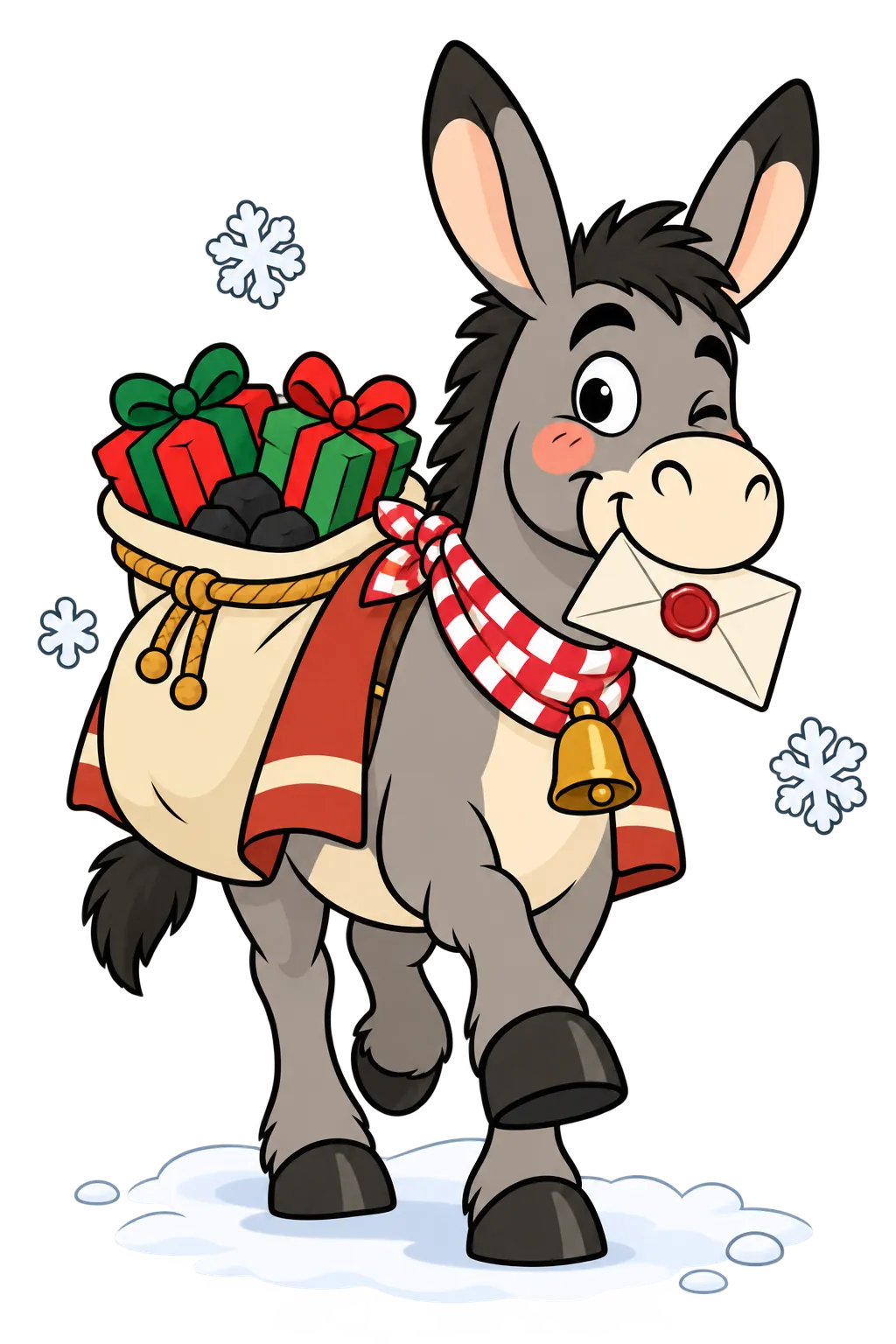Napo, el burro de Olentzero, trotando por la nieve con una carta en la boca y un saco de regalos y carbón