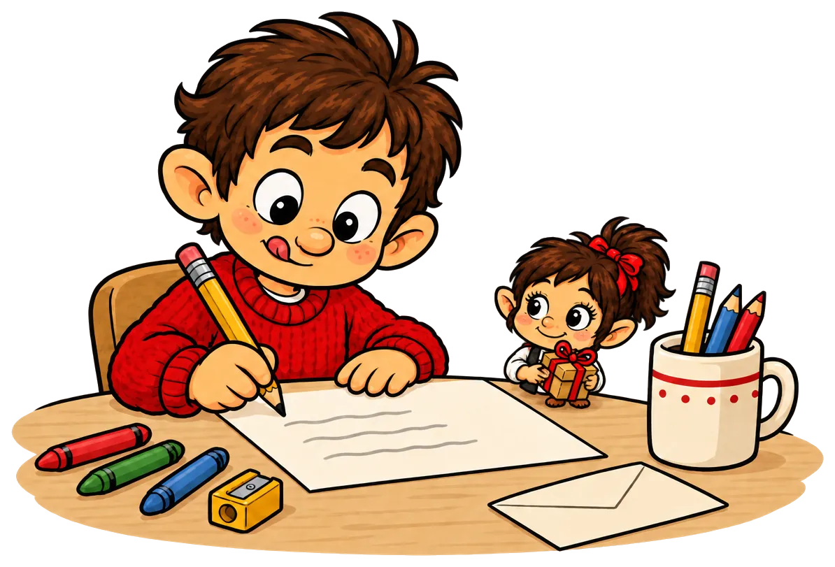 Ilustración de un niño con jersey rojo escribiendo su carta al Olentzero en la mesa, entre pinturas y lápices, mientras una galtzagorri diminuta lo espía detrás de una taza