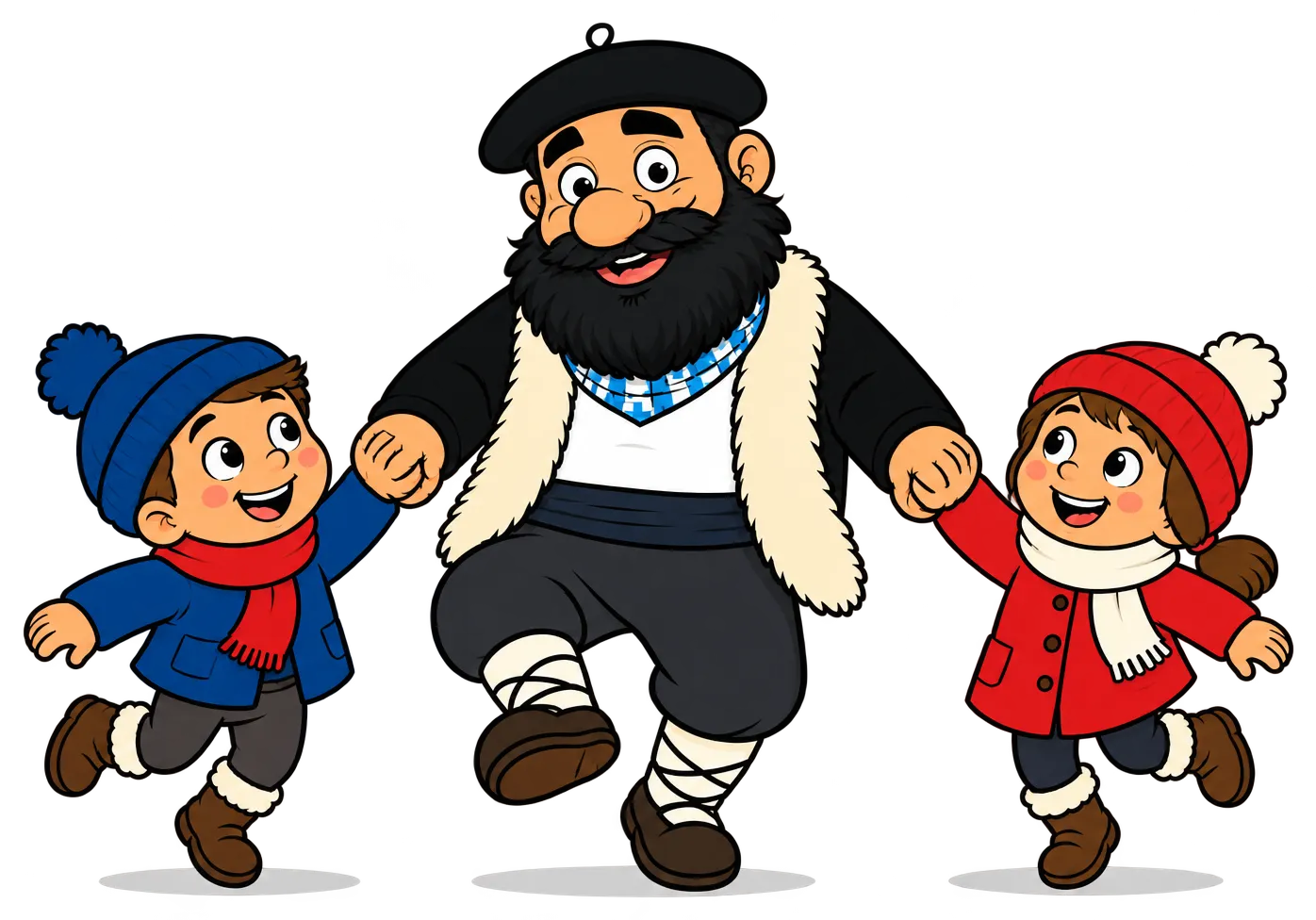 Olentzero bailando en corro con un niño y una niña, para la canción Ole Olentzero