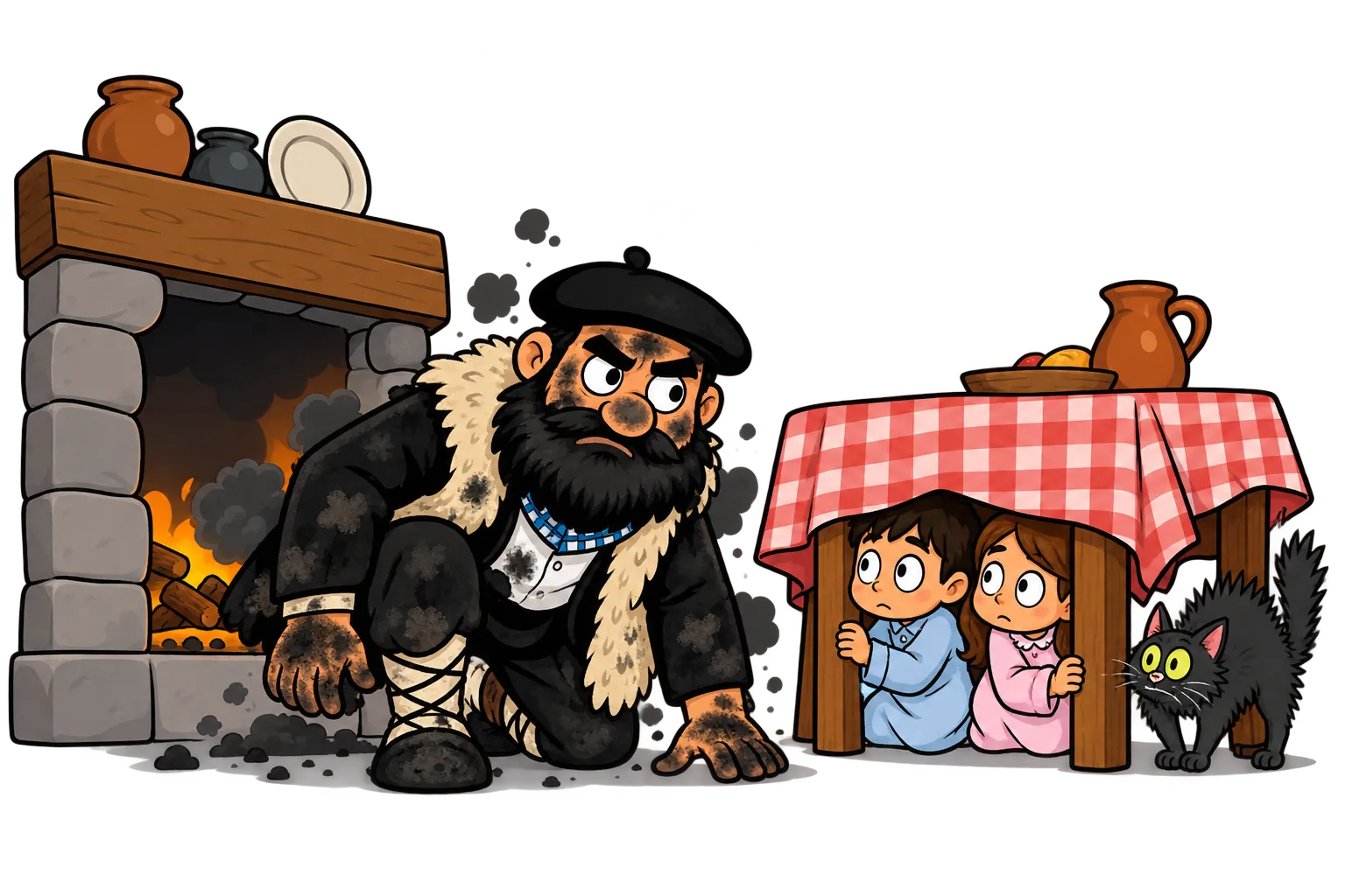 Ilustración: Olentzero, con la cara negra de hollín, sale por la chimenea y dos niños se esconden debajo de la mesa