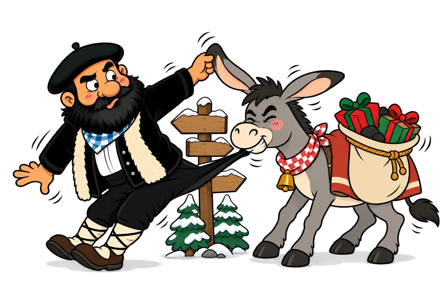Olentzero tira de la oreja a su burro Napo y el burro le tira del pantalón, junto a un poste de caminos en el bosque