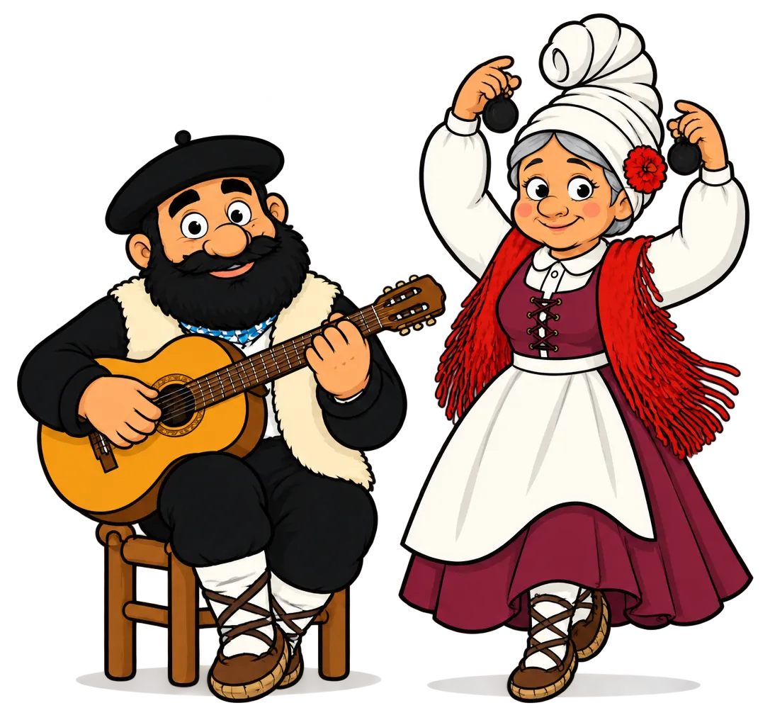 Olentzero tocando la guitarra española y Mari Domingi bailando flamenco con castañuelas