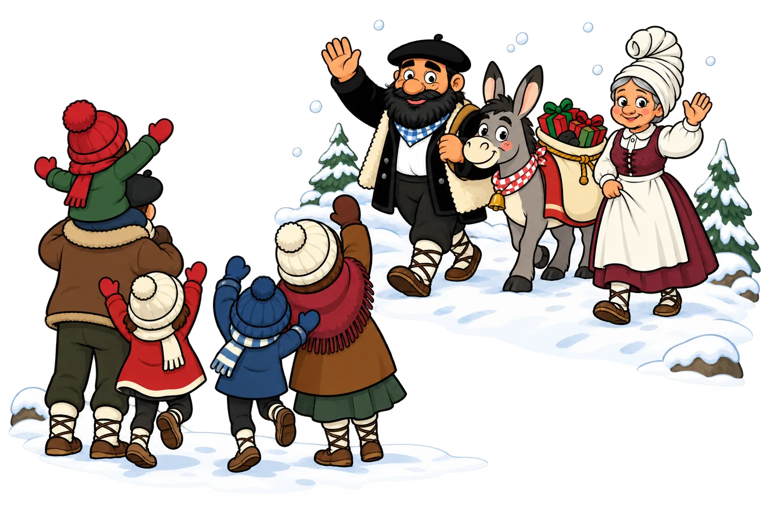 Niños y mayores de espaldas saludan a Olentzero, Mari Domingi y el burro Napo, que bajan del monte nevado