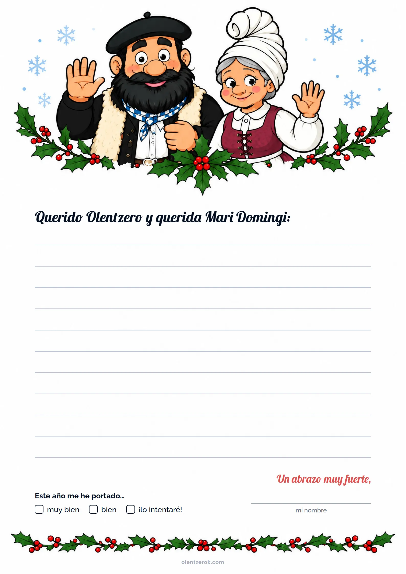 Plantilla de carta para Olentzero y Mari Domingi, con los dos saludando entre acebo y renglones para escribir