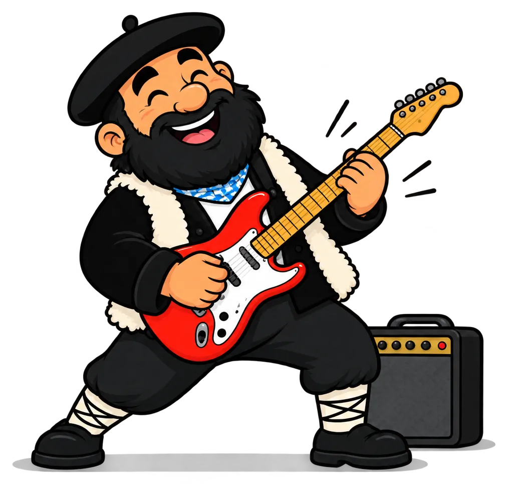 Olentzero rockero tocando una guitarra eléctrica roja junto a un amplificador