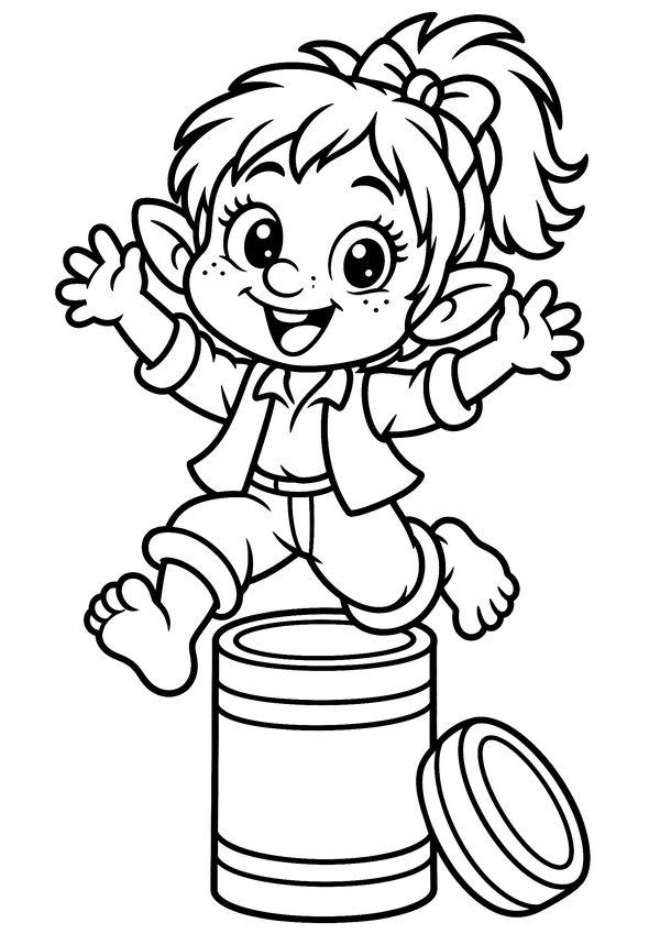 Dibujo fácil de una galtzagorri para colorear, saltando de alegría encima de su alfiletero de madera