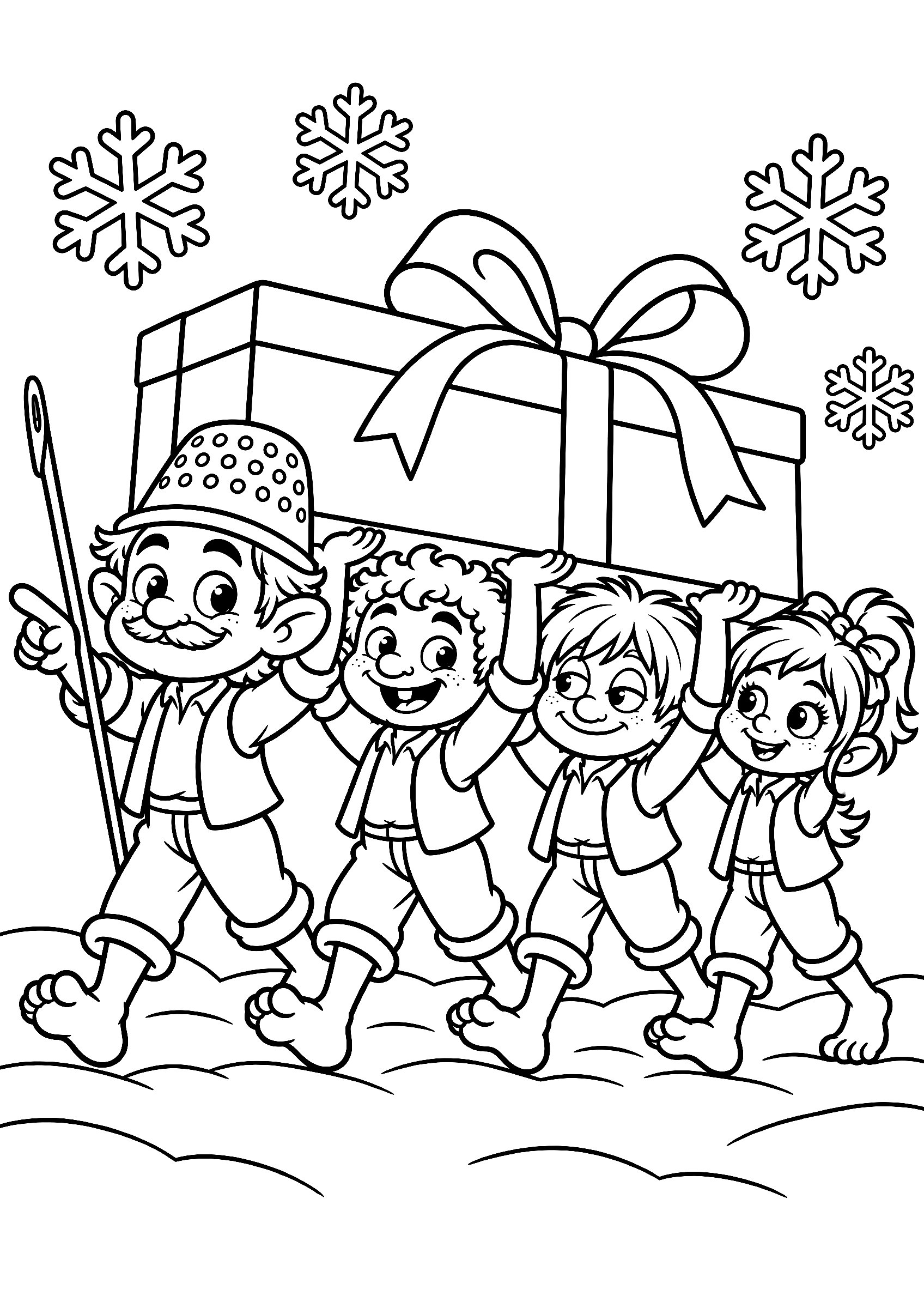 Los cuatro galtzagorris para colorear llevando juntos un regalo grande por la nieve, con el jefe del dedal delante