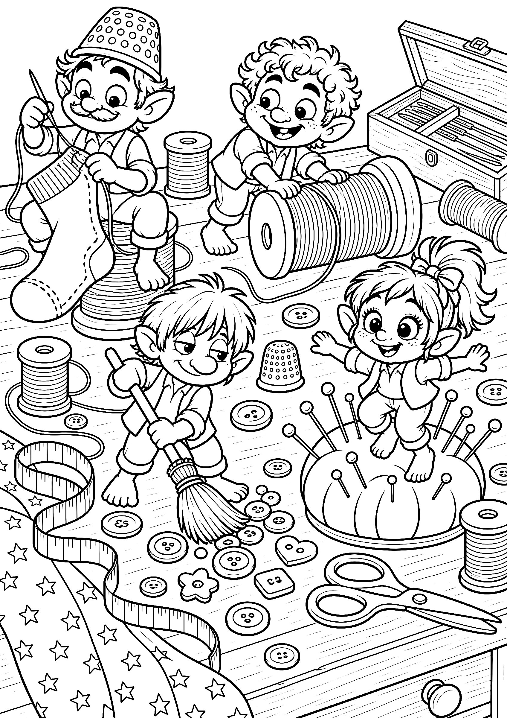 Dibujo detallado de los galtzagorris para colorear trabajando en una mesa de costura entre carretes, botones, tijeras y un acerico