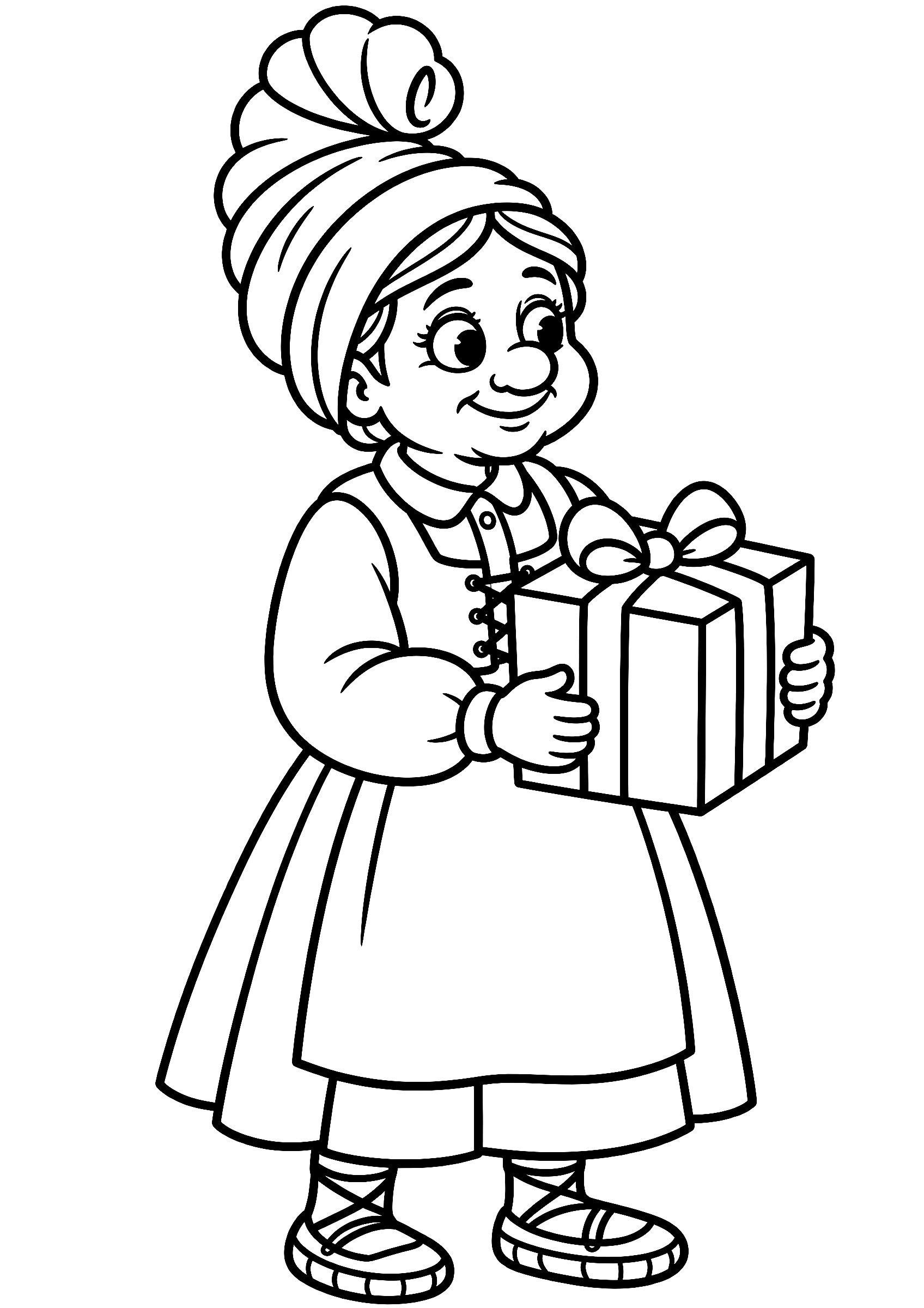 Dibujo fácil de Mari Domingi para colorear, con su tocado blanco y un regalo con lazo en las manos