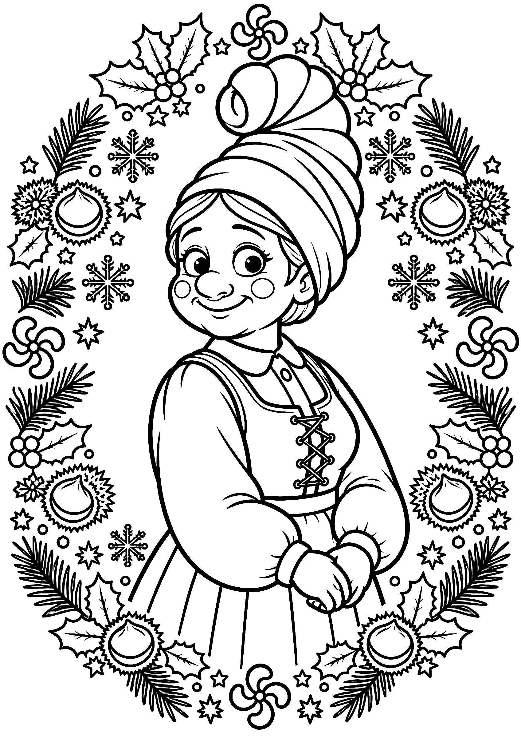 Dibujo detallado de Mari Domingi para colorear dentro de un marco de acebo, castañas, copos de nieve y lauburus