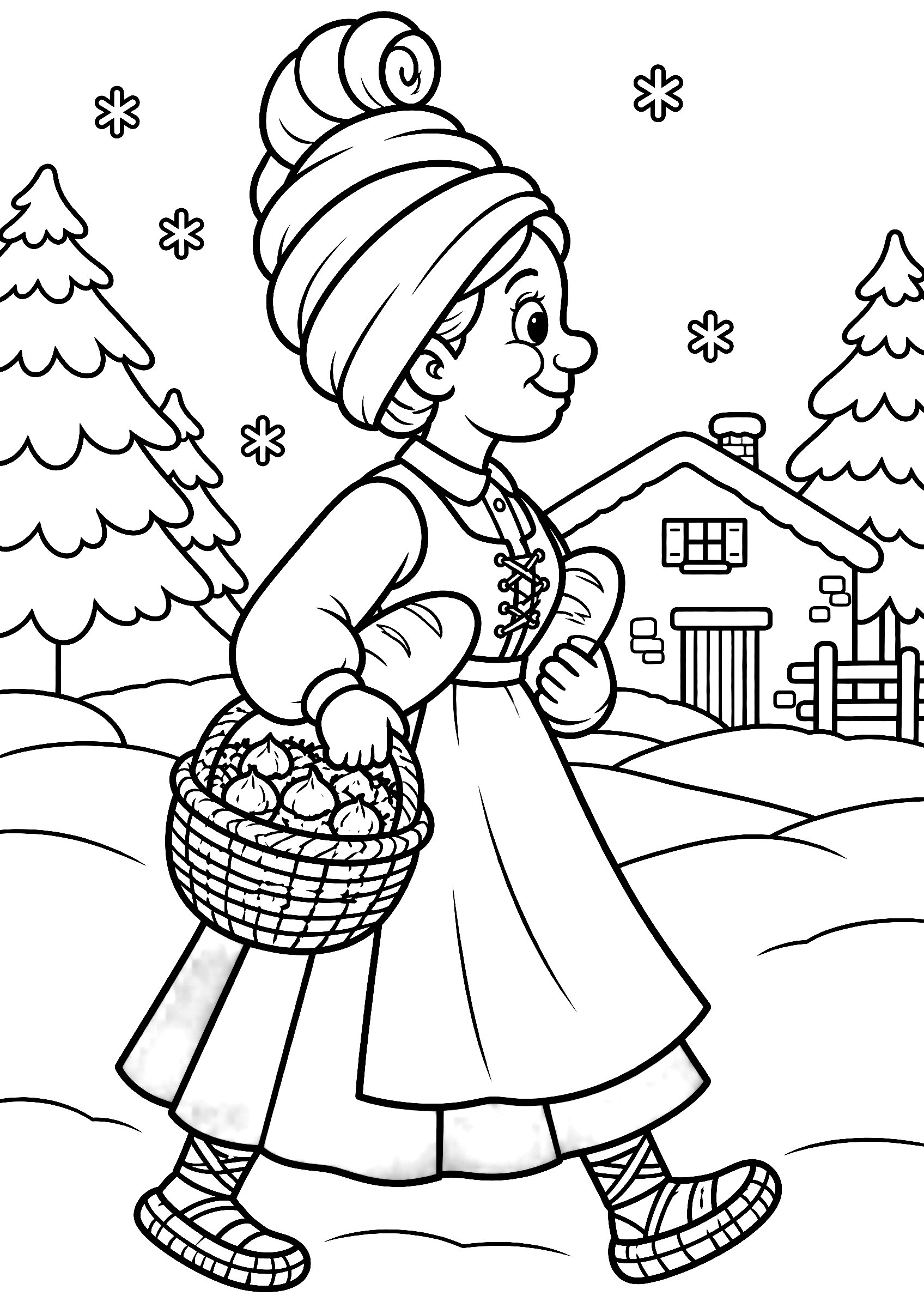 Mari Domingi para colorear caminando por la nieve con una cesta de castañas, con un caserío y pinos detrás
