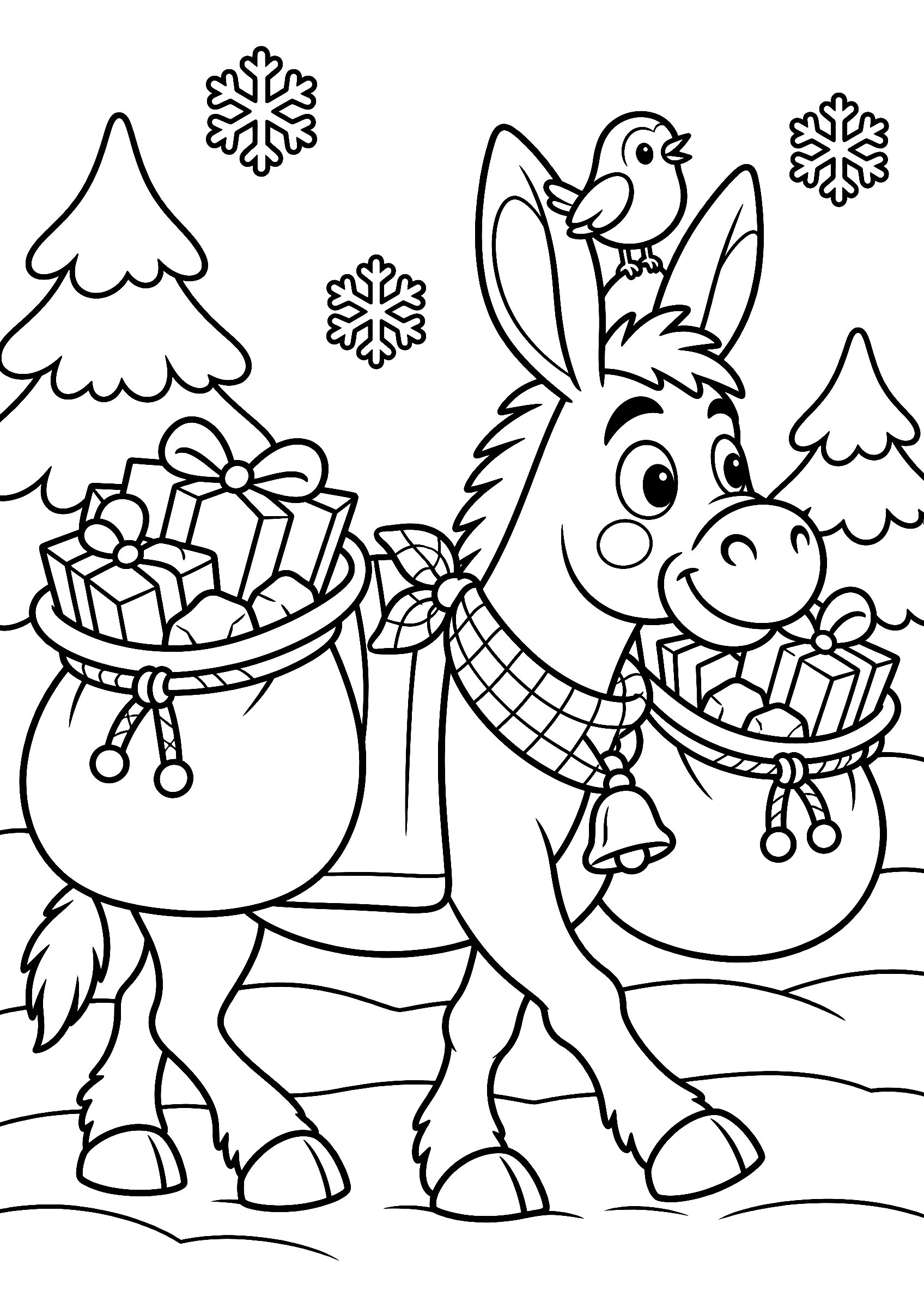 Napo, el burro de Olentzero, para colorear caminando por la nieve con un saco de regalos a cada lado y un petirrojo en la oreja