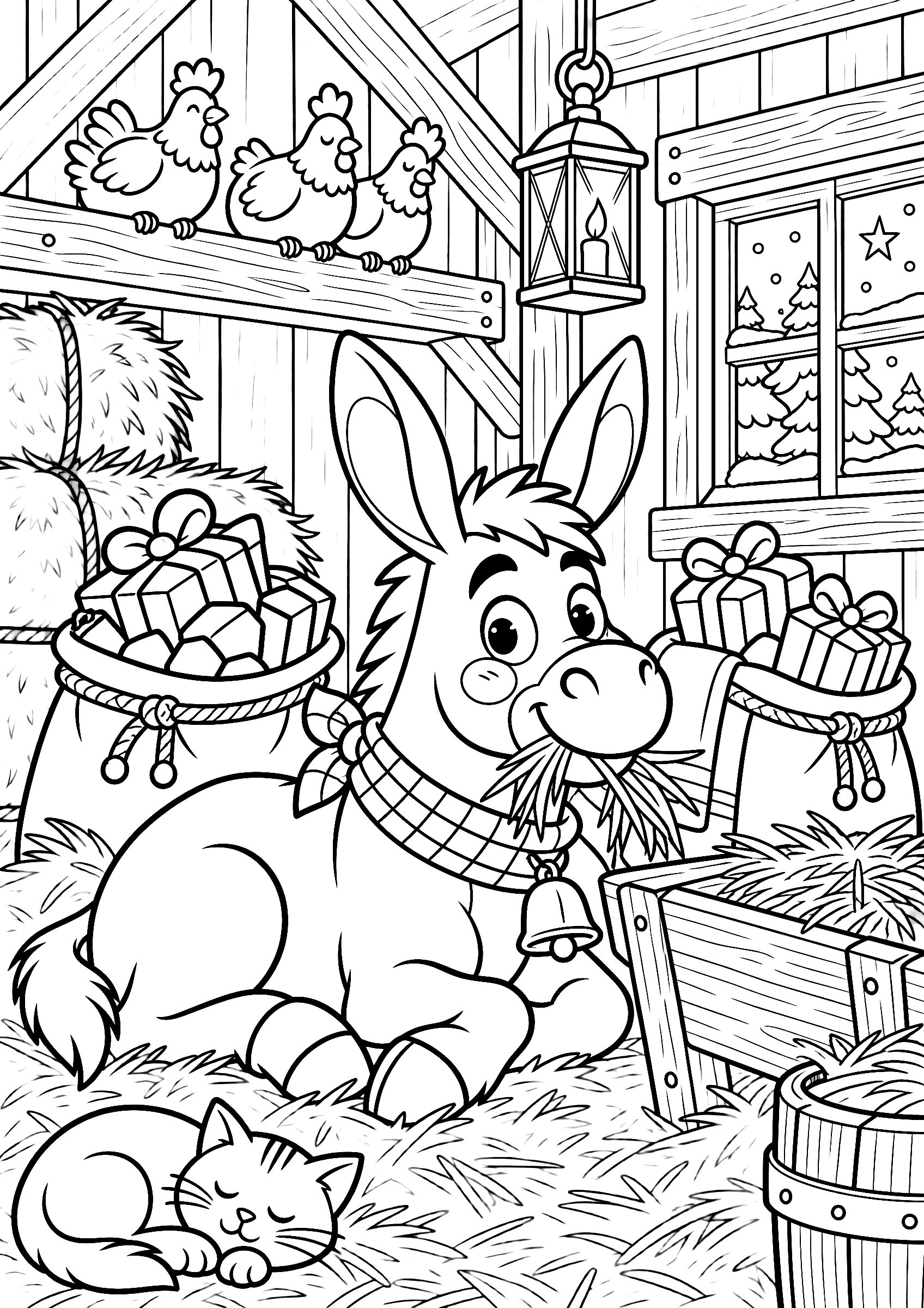 Dibujo detallado de Napo, el burro de Olentzero, tumbado en la paja del establo con los sacos de regalos, gallinas, un gato y un farol