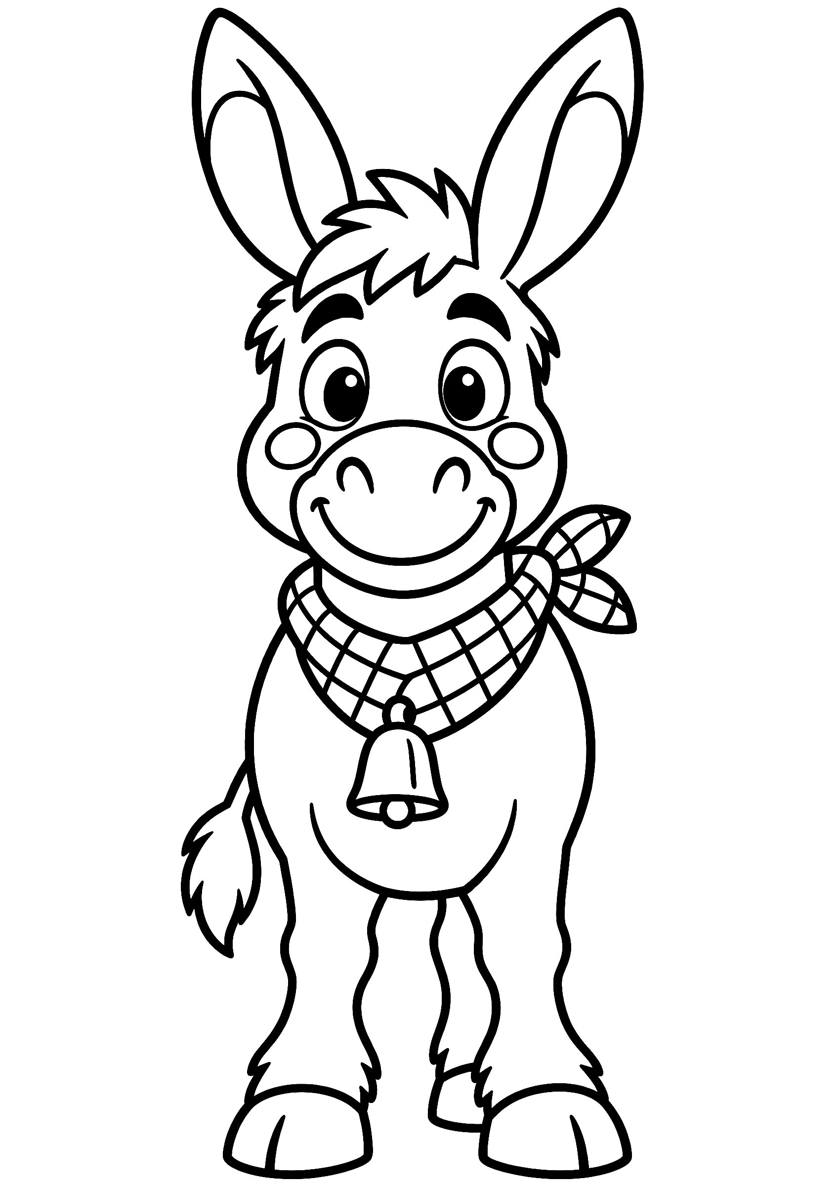 Dibujo fácil de Napo, el burro de Olentzero, para colorear, de frente con su pañuelo de cuadros y su cencerro
