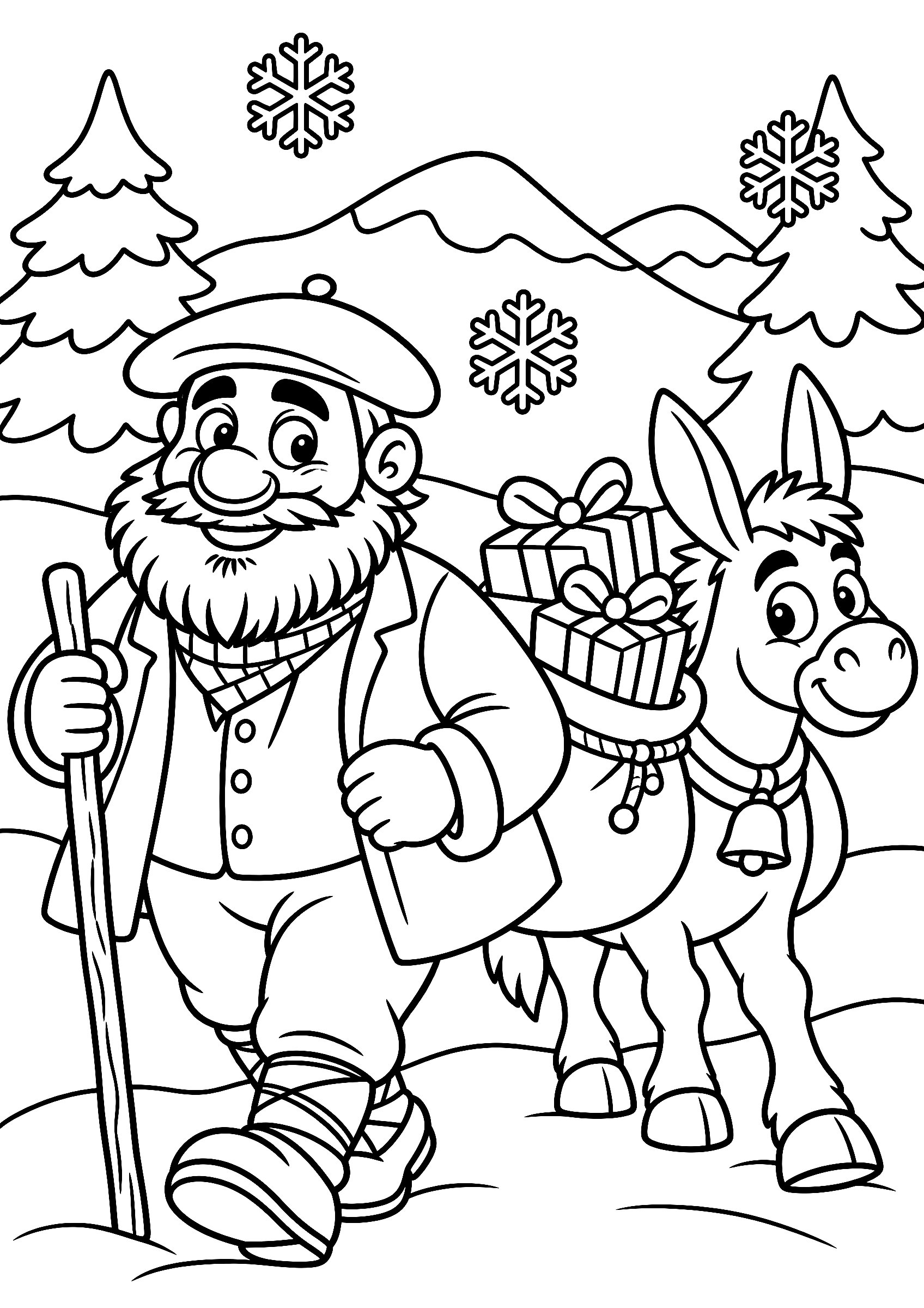 Olentzero para colorear bajando del monte con su makila y su burro Napo cargado de regalos, entre pinos y nieve