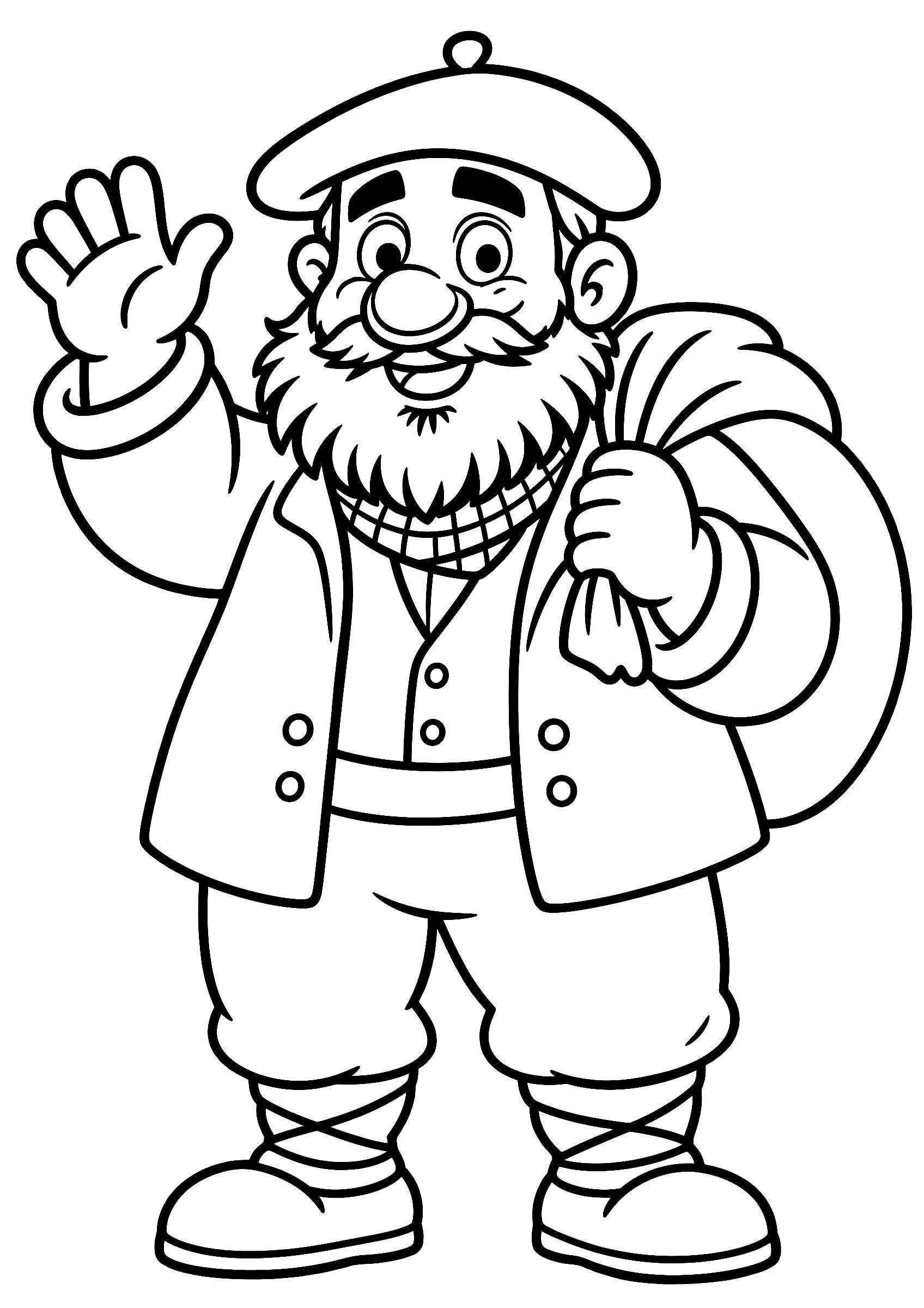 Dibujo fácil de Olentzero para colorear, de frente, saludando con la mano y con el saco de regalos al hombro