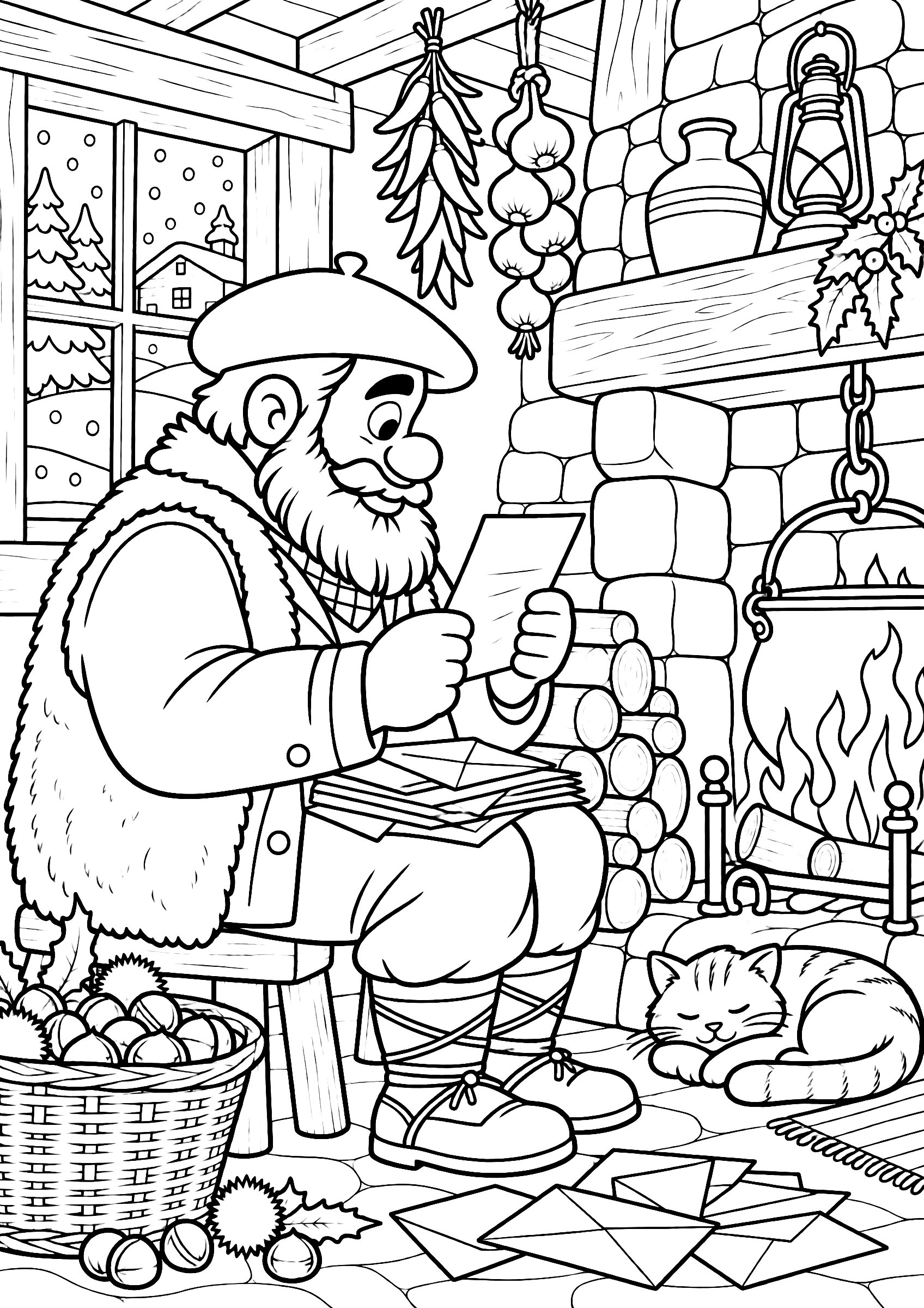 Dibujo detallado de Olentzero para colorear, sentado junto a la chimenea de su caserío leyendo las cartas de los niños