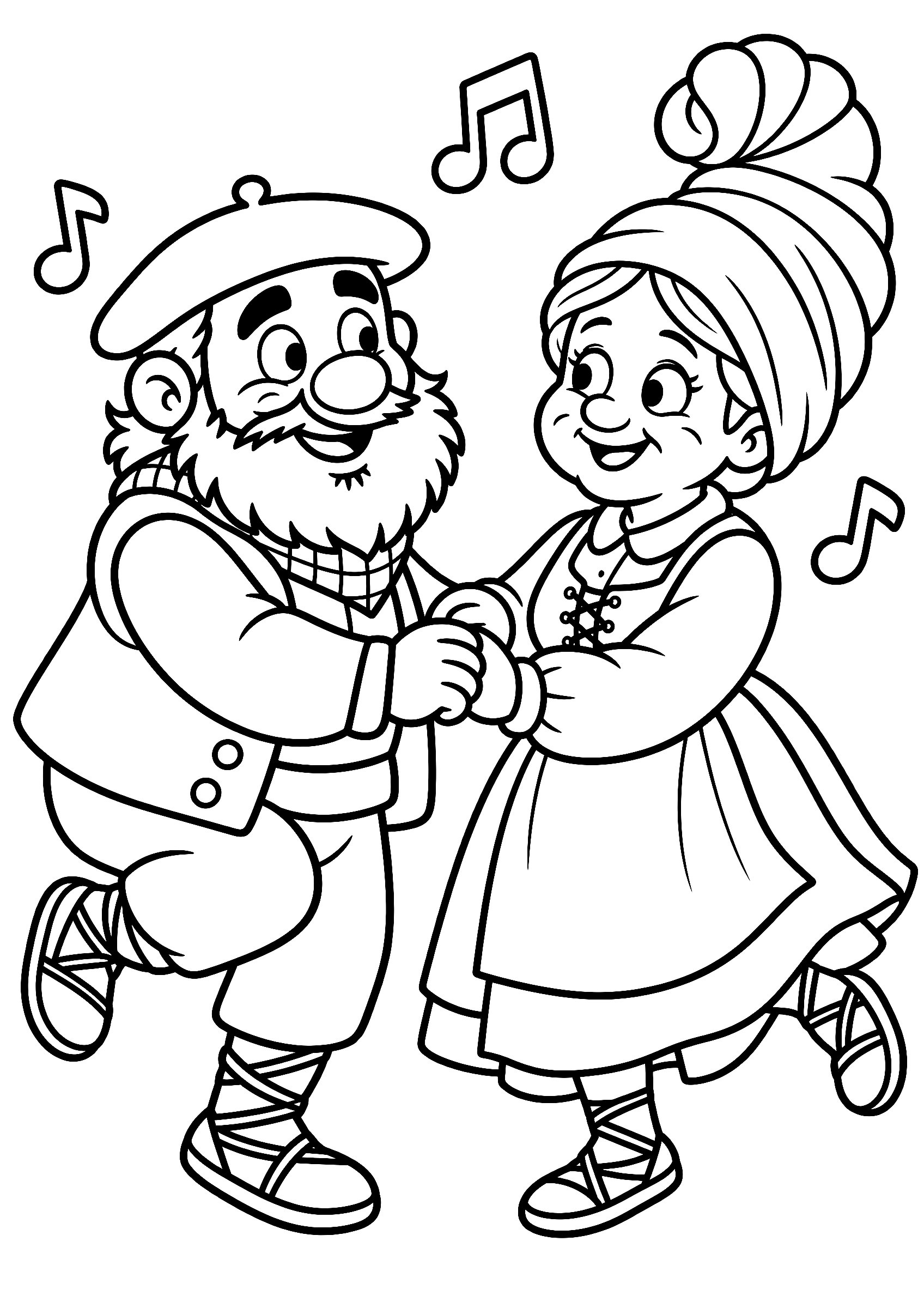 Olentzero y Mari Domingi dibujo fácil para colorear, bailando cogidos de las manos con notas musicales