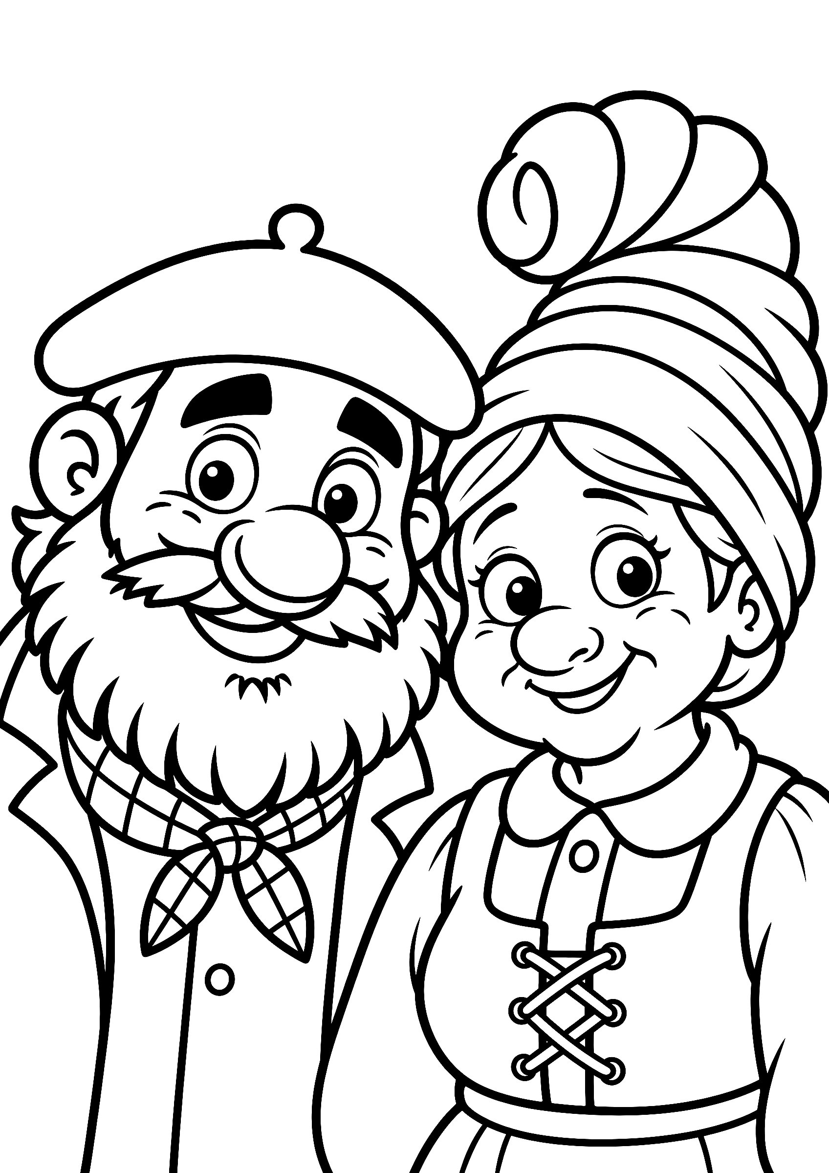 Dibujo fácil de las caras de Olentzero y Mari Domingi para colorear, mejilla con mejilla y sonriendo