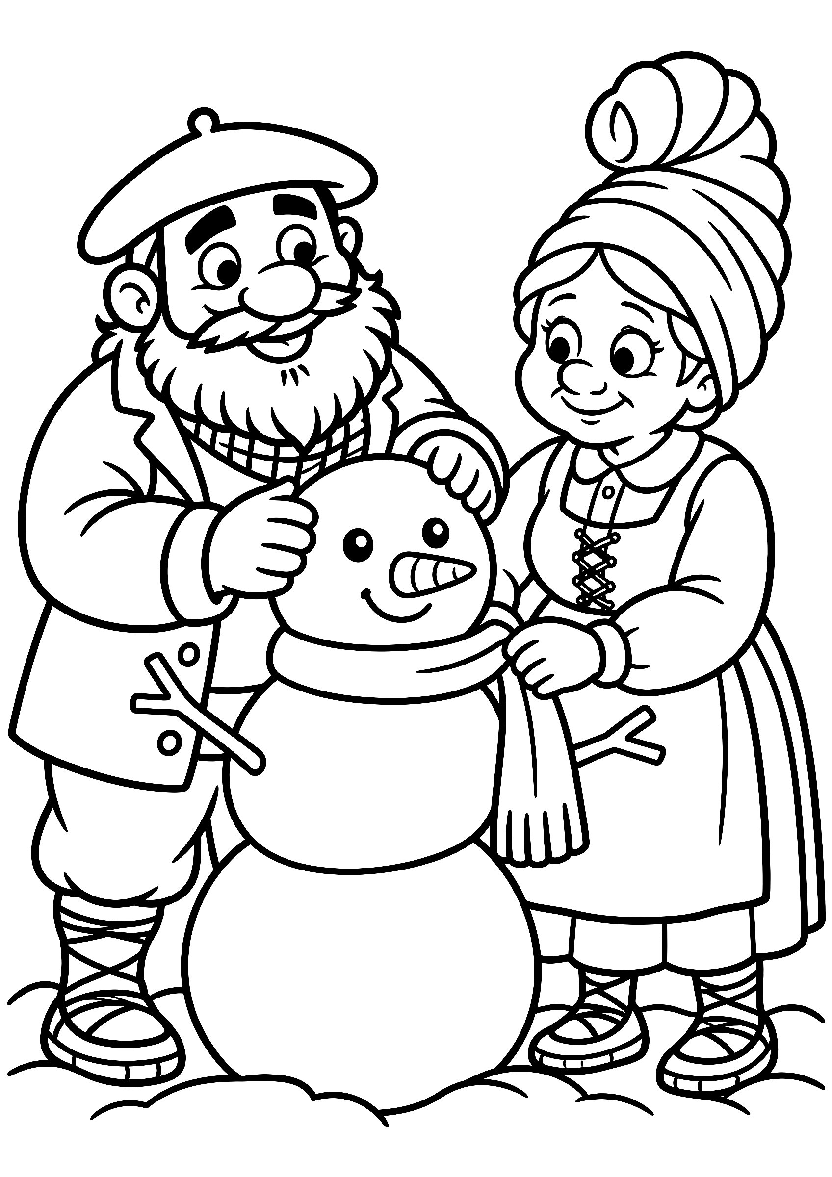 Olentzero y Mari Domingi dibujo fácil para colorear, haciendo juntos un muñeco de nieve