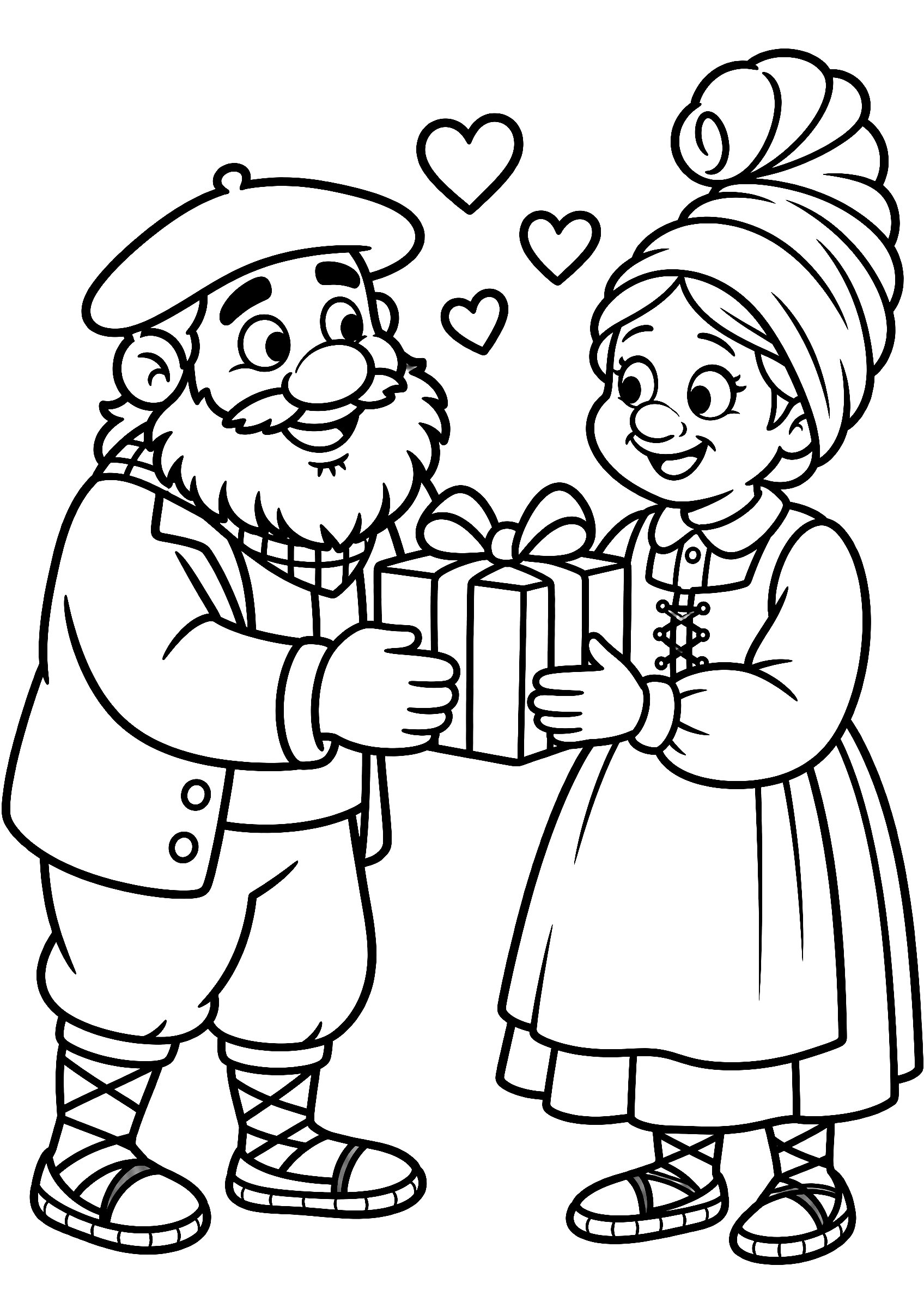 Olentzero y Mari Domingi dibujo fácil para colorear: Olentzero le da un regalo a Mari Domingi