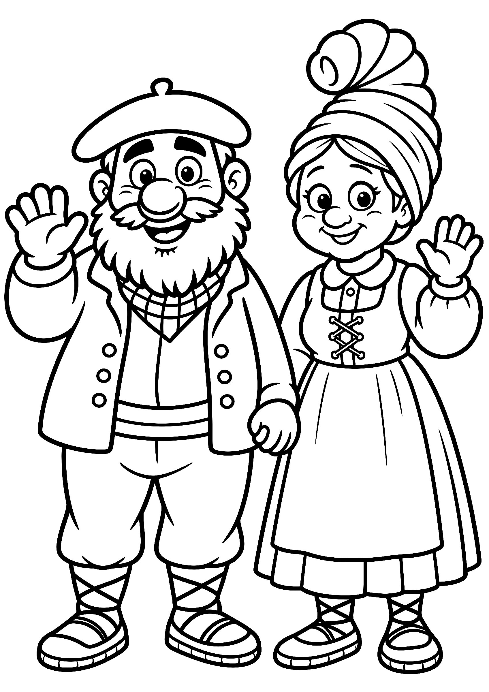 Olentzero y Mari Domingi dibujo fácil para colorear, de frente, de la mano y saludando