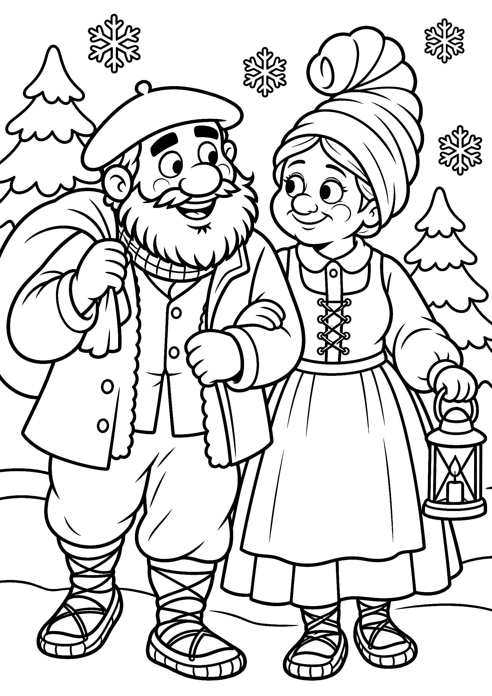 Olentzero y Mari Domingi para colorear, del brazo, con el saco de regalos y un farol entre pinos nevados