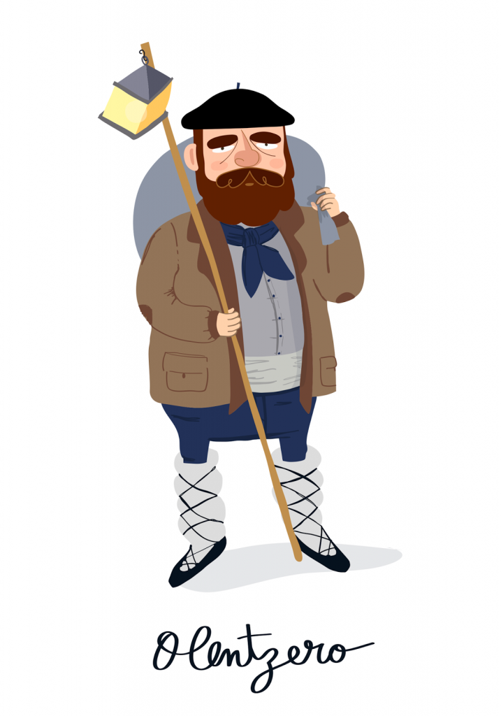 Ilustración de Olentzero con txapela, pañuelo al cuello, chaqueta, faja, abarcas, un farol en un palo y el saco a la espalda