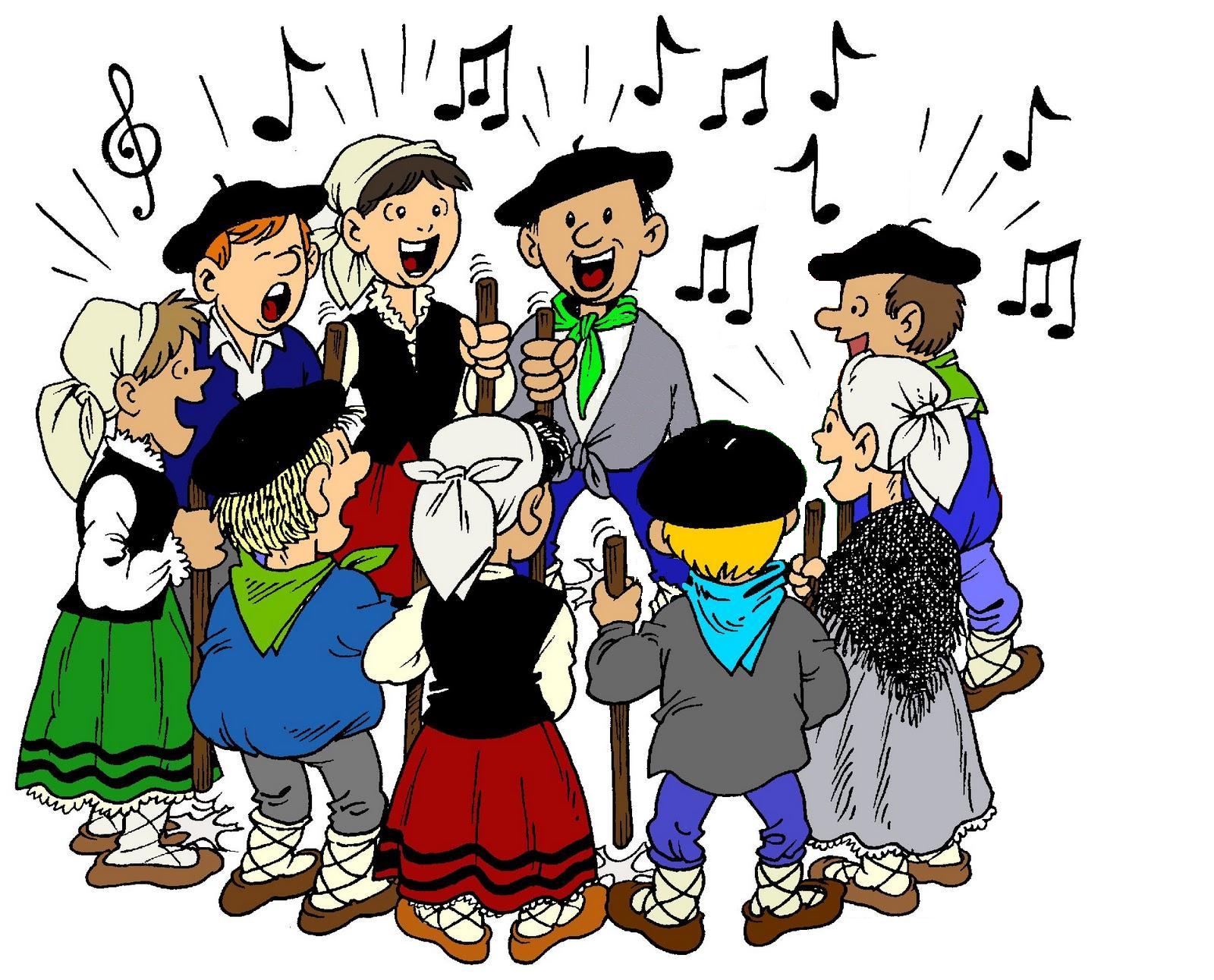 Dibujo de niños vestidos de baserritarras cantando Santa Ageda con sus makilas