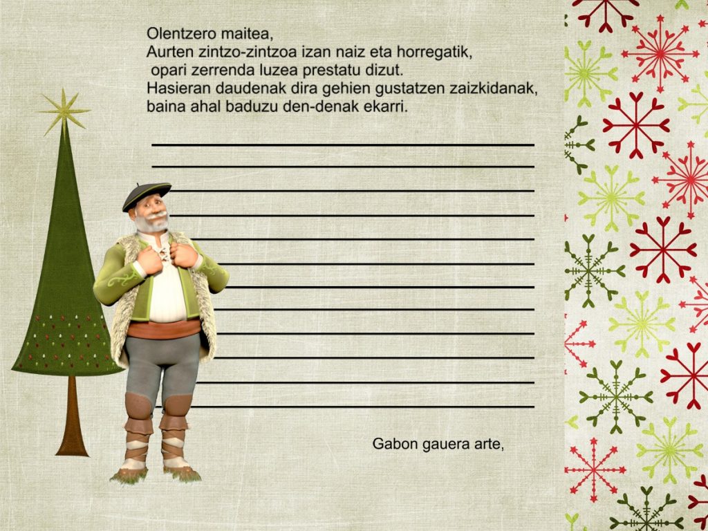 Plantilla de carta a Olentzero apaisada con árbol de Navidad y el texto «Olentzero maitea» ya escrito