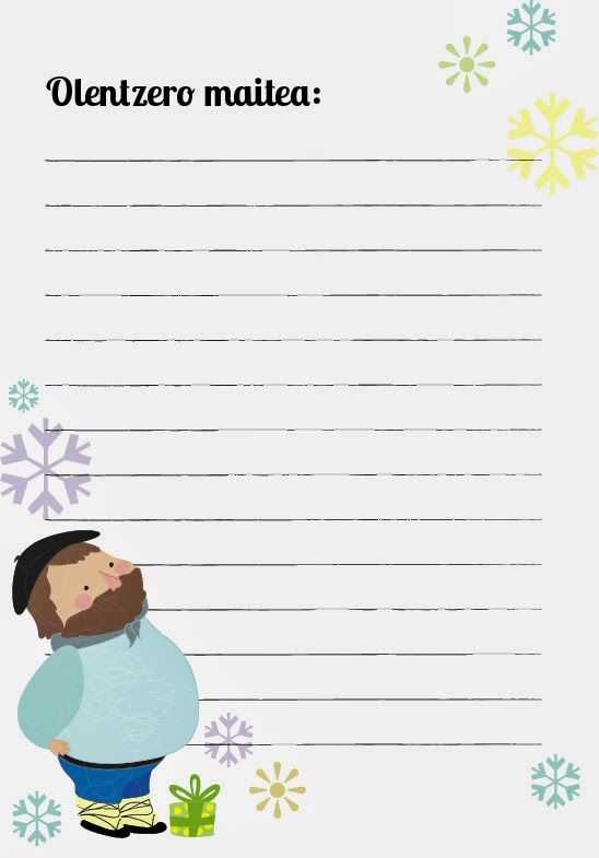 Plantilla de carta «Olentzero maitea» con copos de nieve de colores