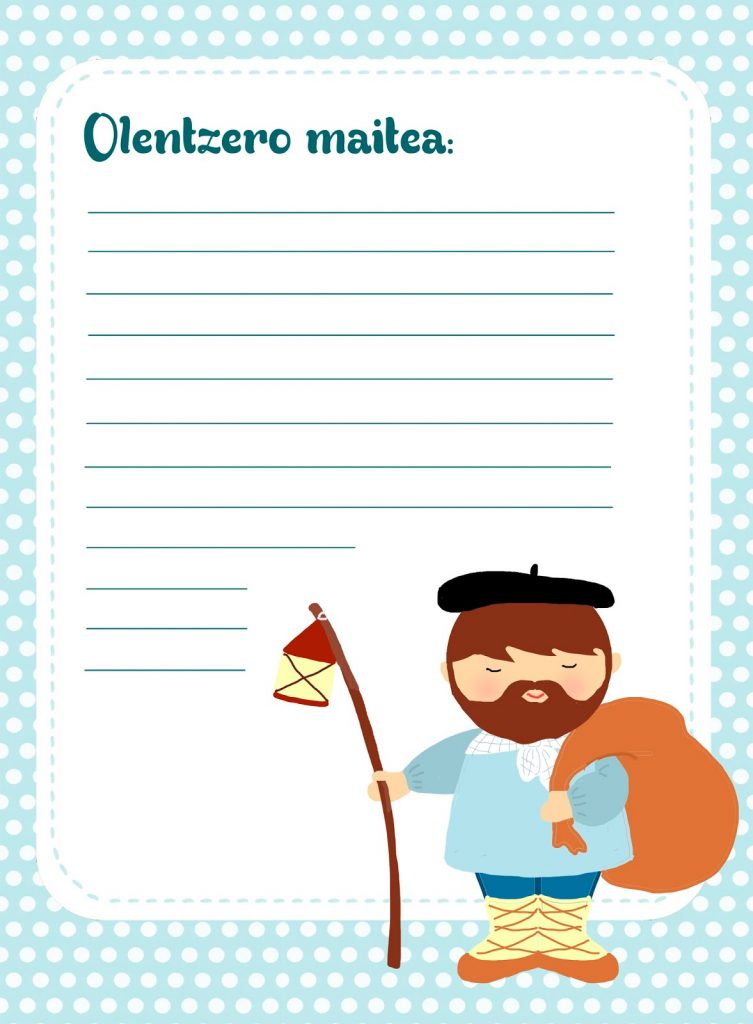 Plantilla de carta «Olentzero maitea» con lunares azules y Olentzero con su farol