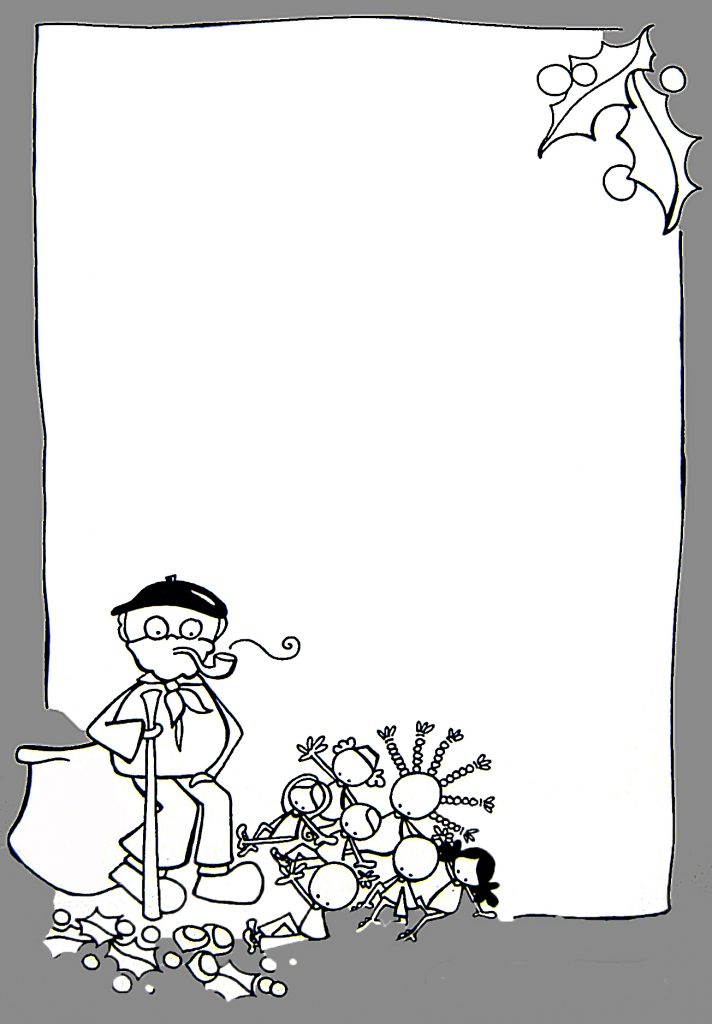 Plantilla de carta a Olentzero en blanco y negro con marco de acebo para colorear