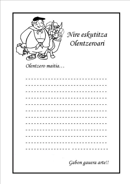 Plantilla de carta «Nire eskutitza Olentzeroari» en blanco y negro con dibujo para colorear
