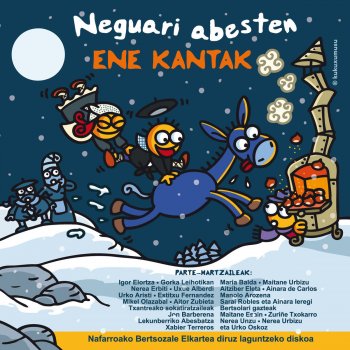 Portada del disco Neguari abesten de Ene Kantak, con un burro azul, un pájaro y un niño en la nieve